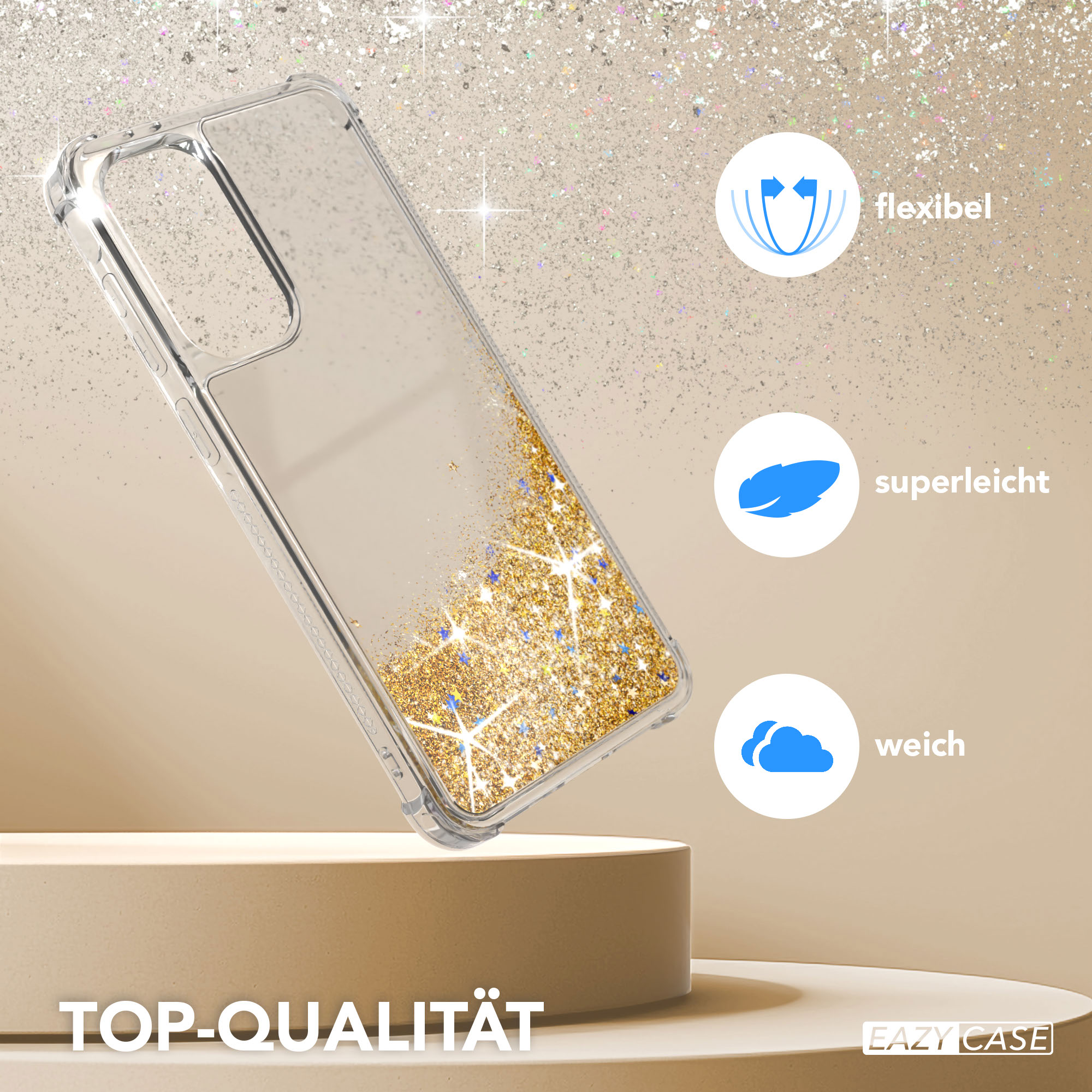 Eine transparente Handyhülle mit goldenem Glitzer, platziert auf einem weißen Ständer, mit Symbolen.