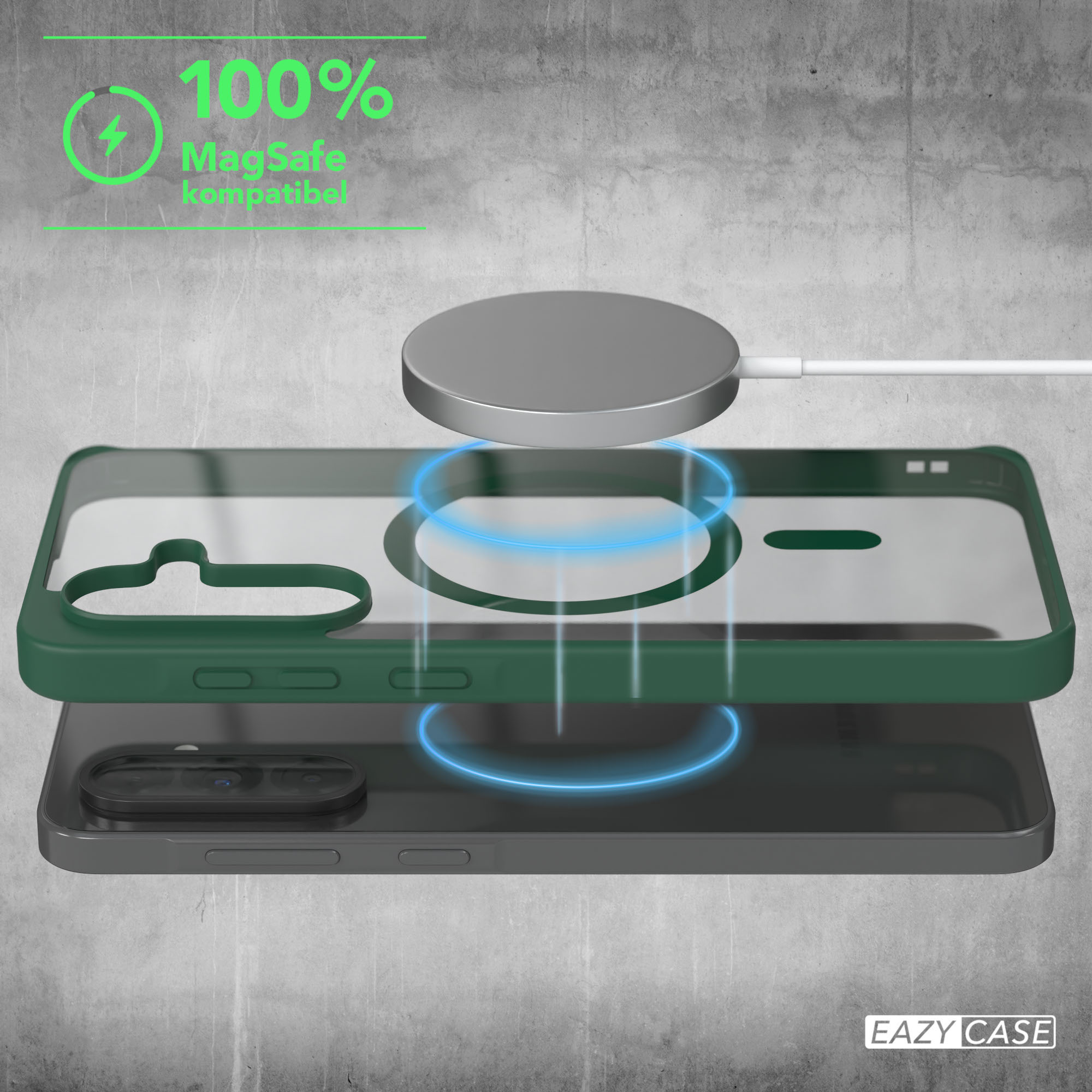 Grüne Handyhülle mit MagSafe-Ladegerät darüber. Text: 100 % MagSafe-kompatibel.