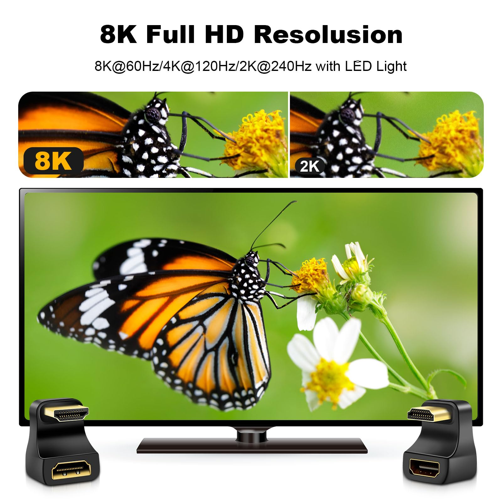 Schmetterling auf Blume auf TV-Bildschirm. HDMI-Anschlüsse unten.