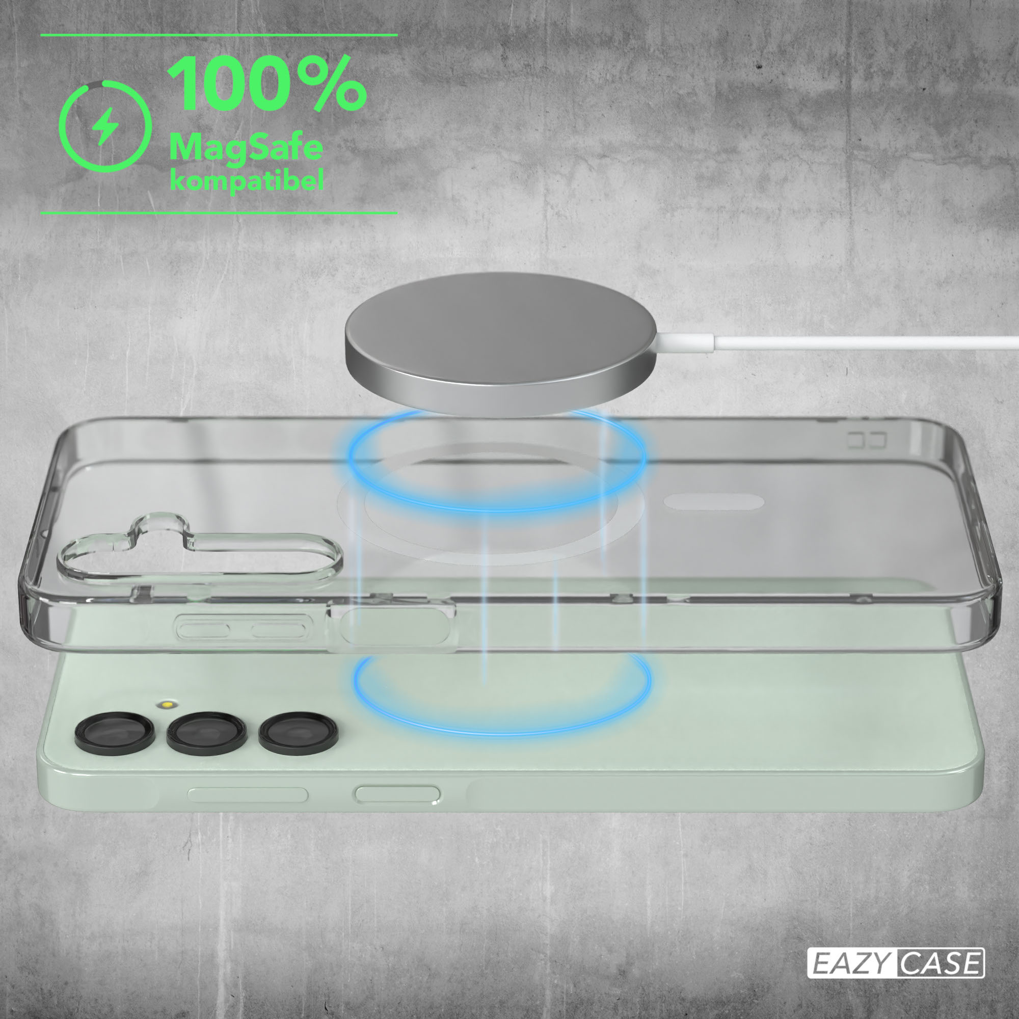 Transparente Handyhülle und MagSafe-Ladegerät. Text zeigt 100 % MagSafe-Kompatibilität.