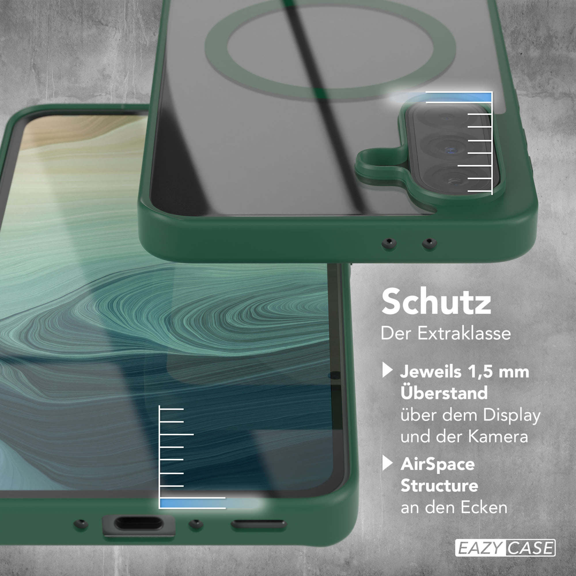 Grüne Handyhülle. Text erwähnt Schutz, 1,5 mm über dem Display, AirSpace-Struktur.