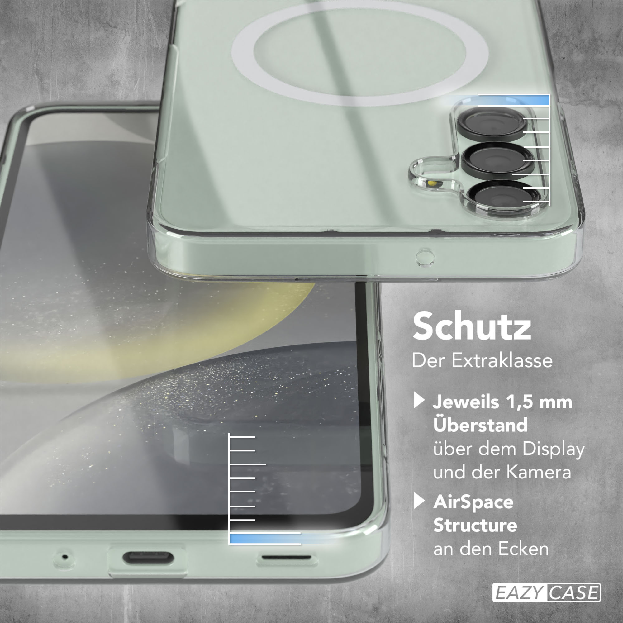 Nahaufnahme einer Handyhülle mit Telefon, zeigt Schutzfunktionen und Abmessungen auf Deutsch.