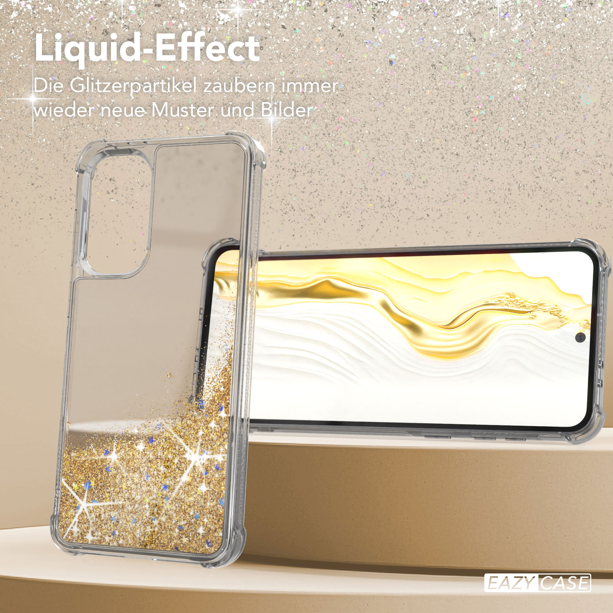 Klar Handyhülle mit Glitzer und einem Telefon. Goldglitter in der Hülle, auf beigem Hintergrund.