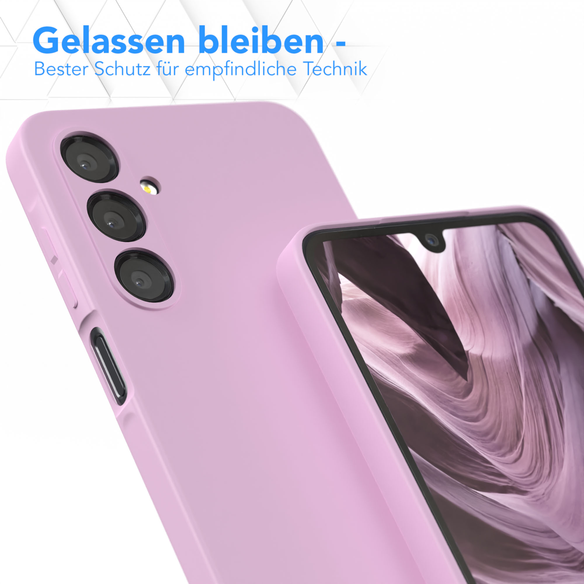 Nahaufnahme von zwei rosa Handyhüllen. Eine geschlossen und eine offen.