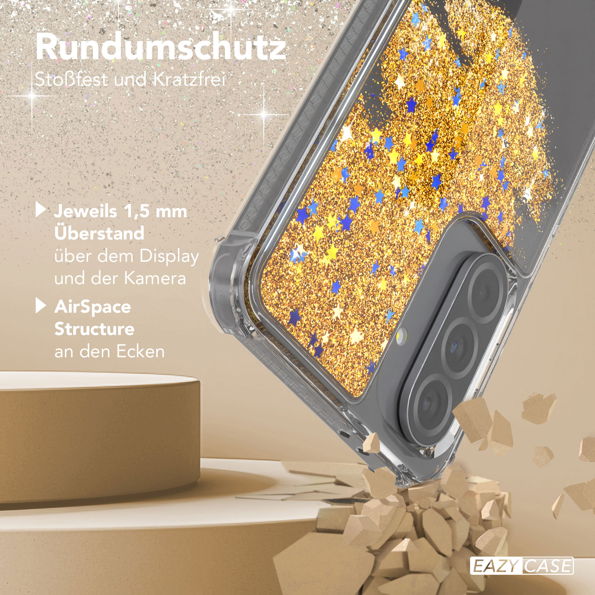 Nahaufnahme einer Handyhülle mit Glitzer und Sternen. Die Hülle liegt auf einer Oberfläche.