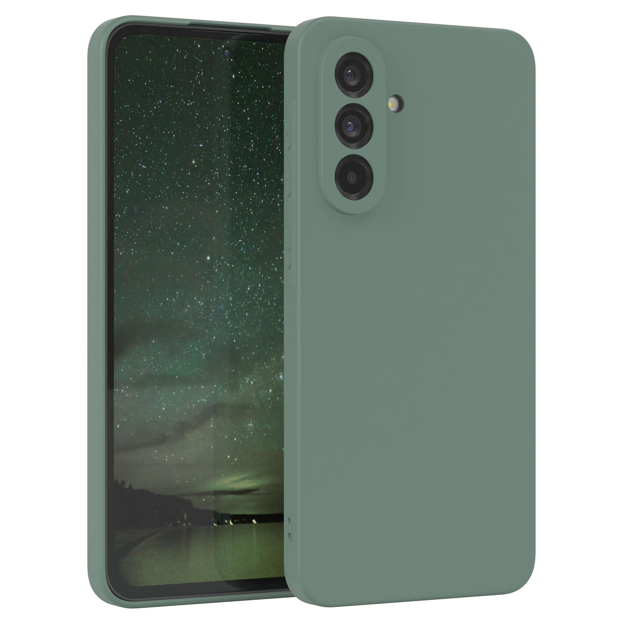 Grüne Handyhülle mit drei Kameralinsen. Telefon rechts. Hintergrund zeigt Sternenhimmel.