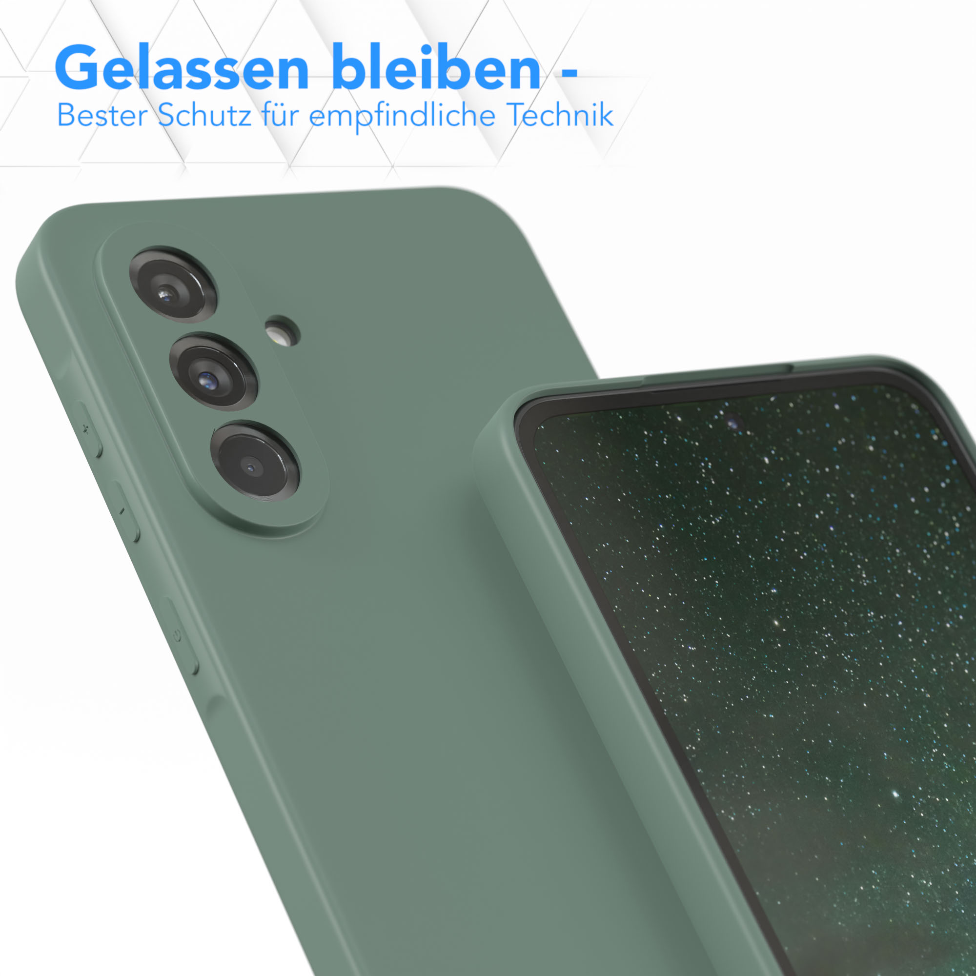 Grüne Handyhülle neben einem Telefon, beide zeigen die Kamera.