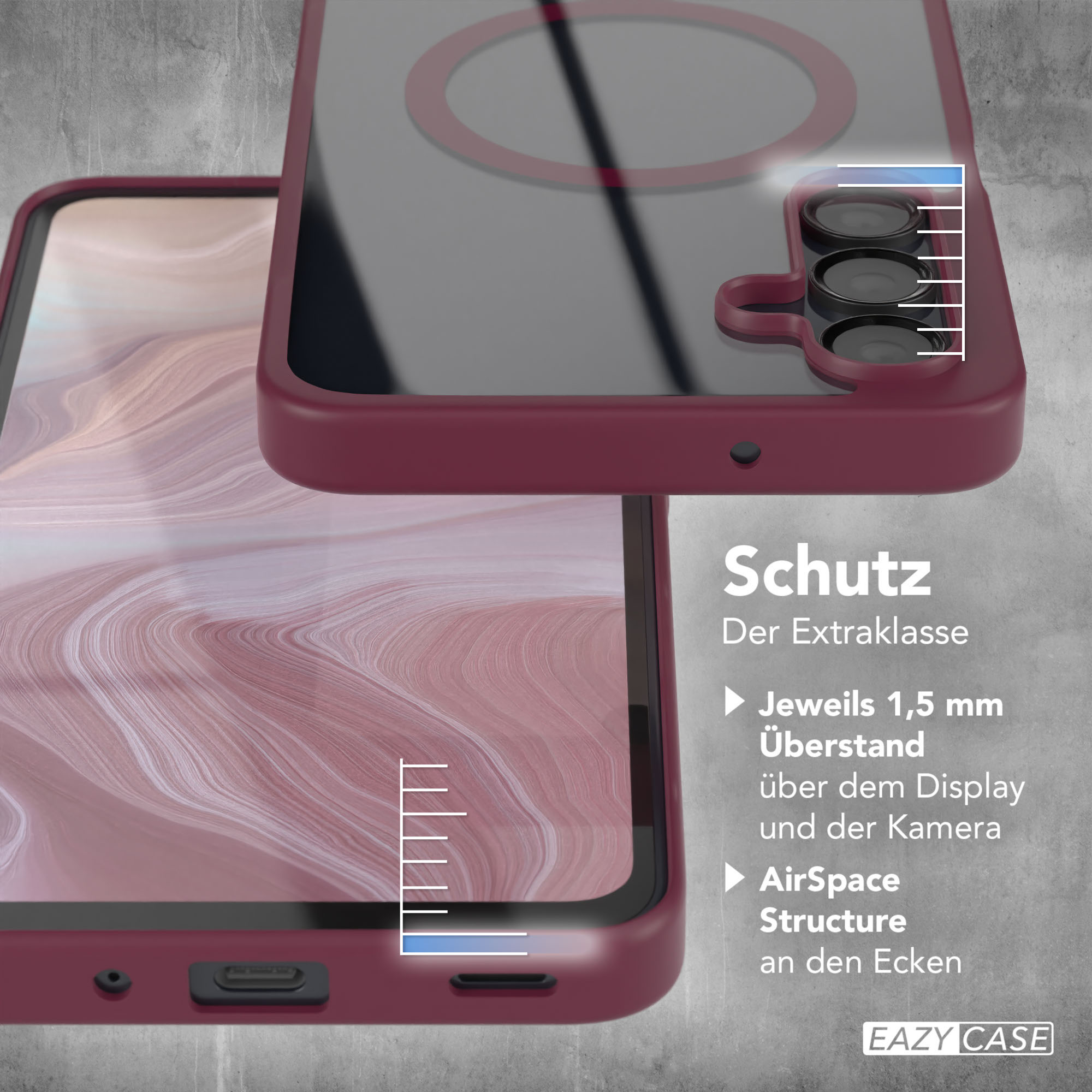 Handyhülle und Telefon, Nahaufnahme. Hülle ist burgunderfarben. Text über Schutzfunktionen.