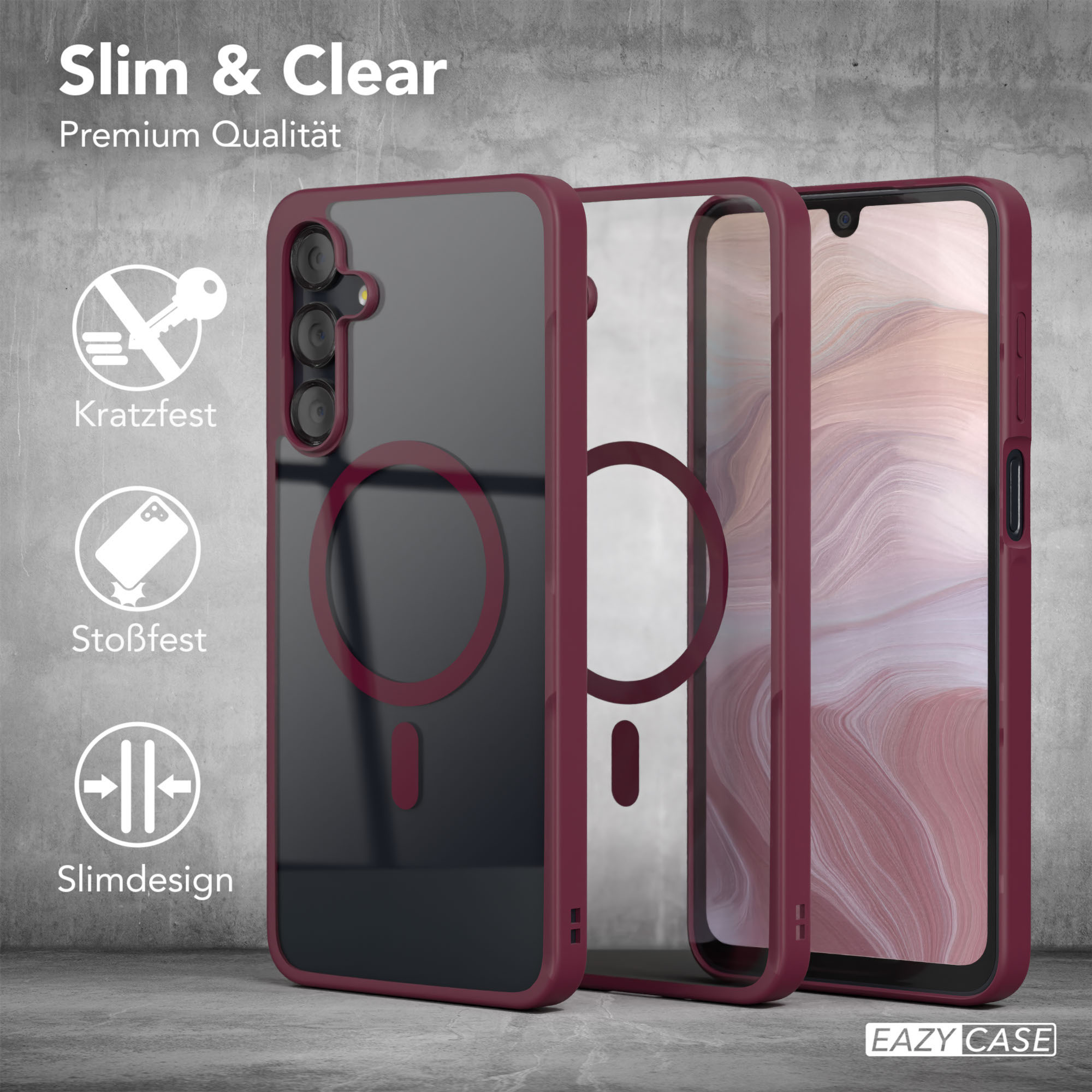 Handyhüllen, die eine transparente Hülle, eine schwarze Hülle und eine dunkelrote Hülle mit dem Telefon zeigen.