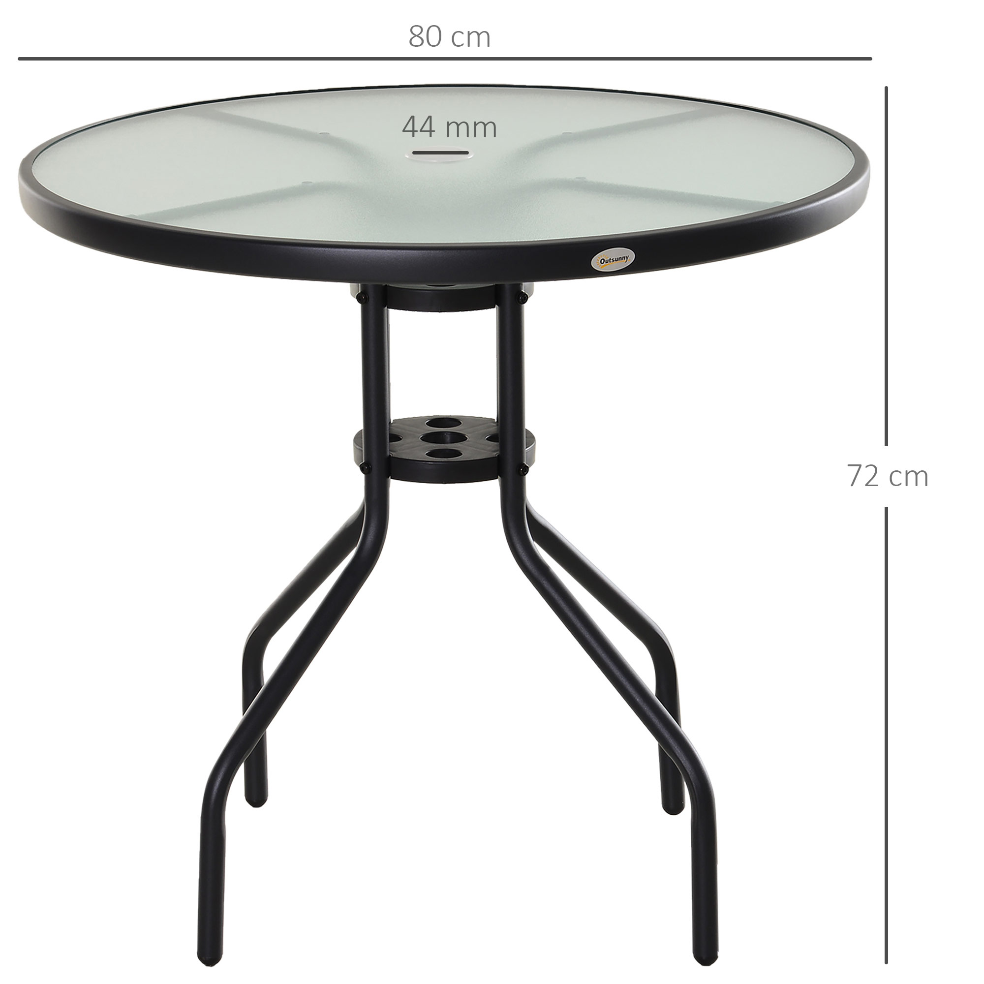 Un tavolo rotondo in metallo nero con piano in vetro. Le dimensioni sono indicate con frecce.