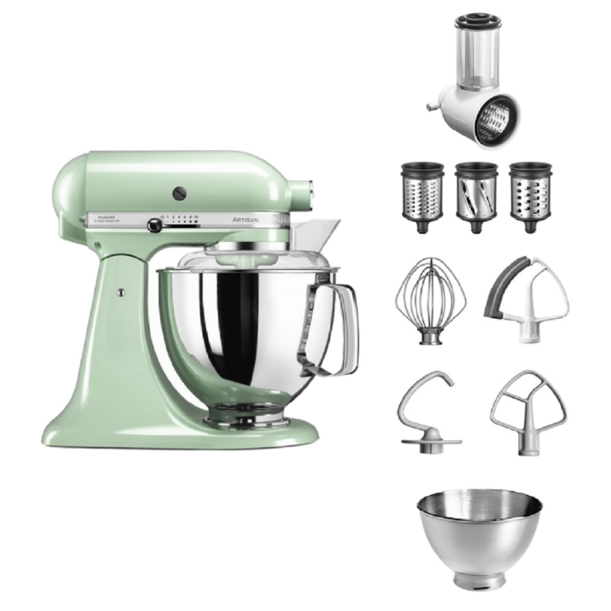 Hellgrüner KitchenAid-Küchenmixer mit Aufsätzen, einschließlich Reibe, Schneebesen und Schüssel.