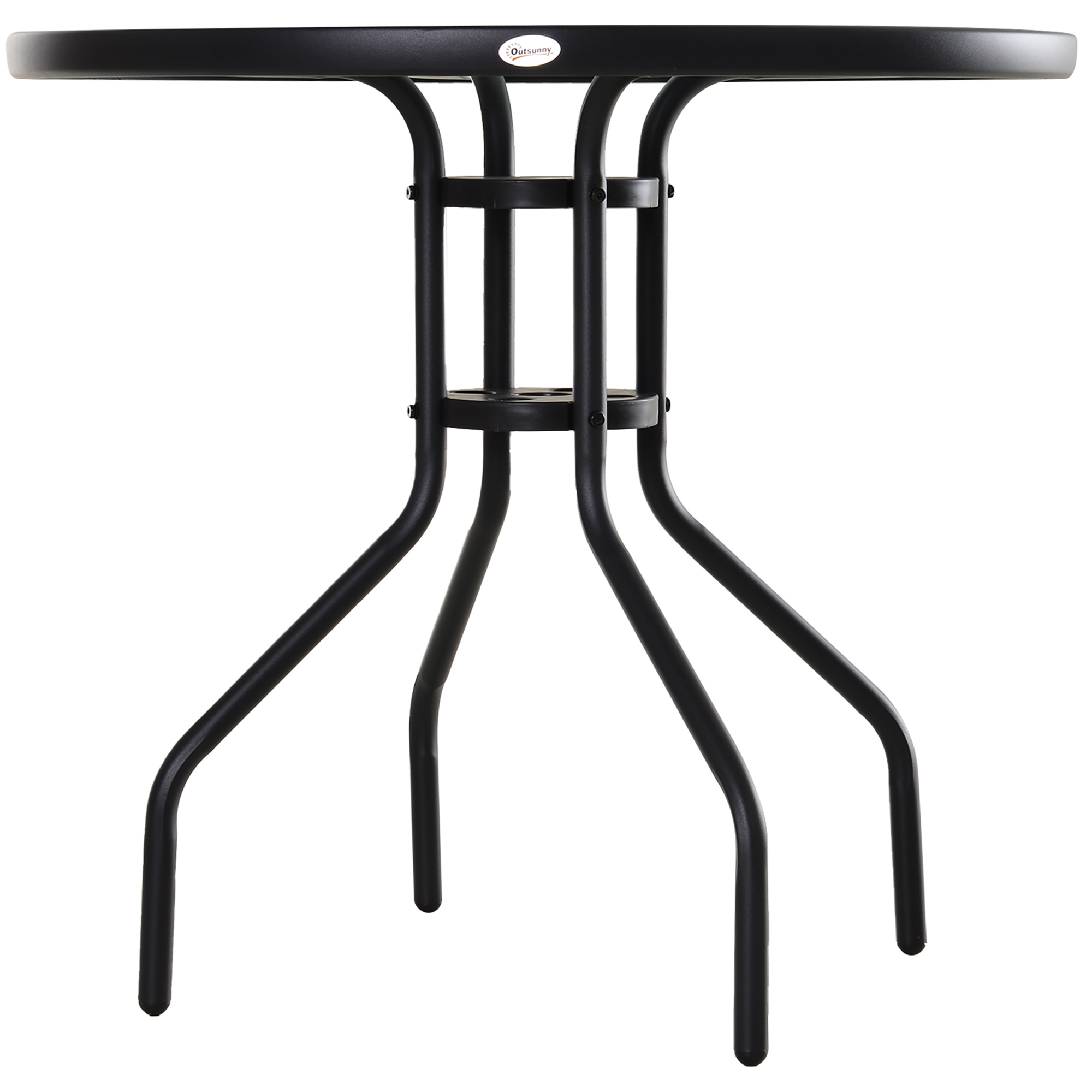 Una mesa negra para exteriores con tapa redonda y estructura de soporte con patas curvas.