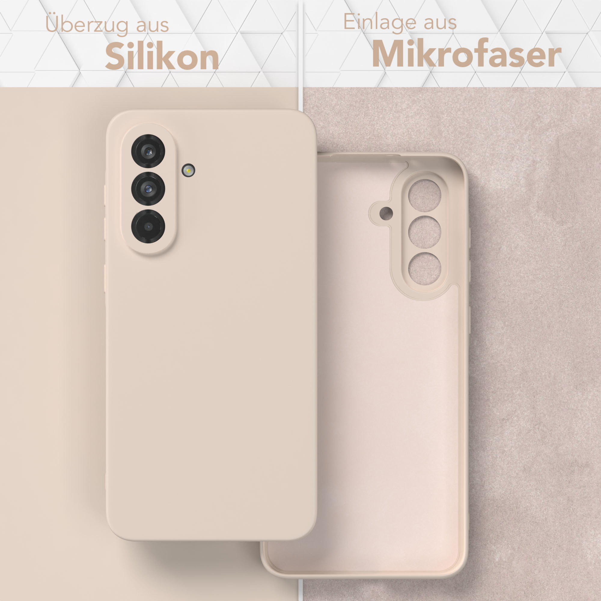Handyhülle. Sie hat eine beige Farbe und drei Kameras. Die Innenseite des Gehäuses ist sichtbar.