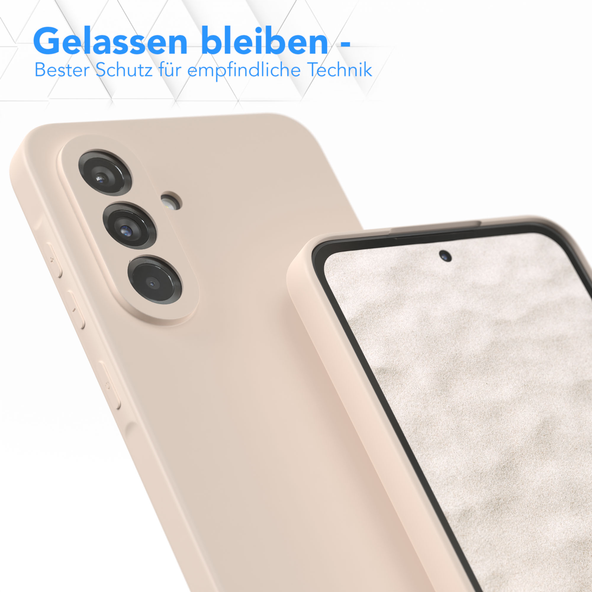 Eine Handyhülle und ein Telefon. Die Hülle ist beige, das Telefon hat einen Displayschutz.