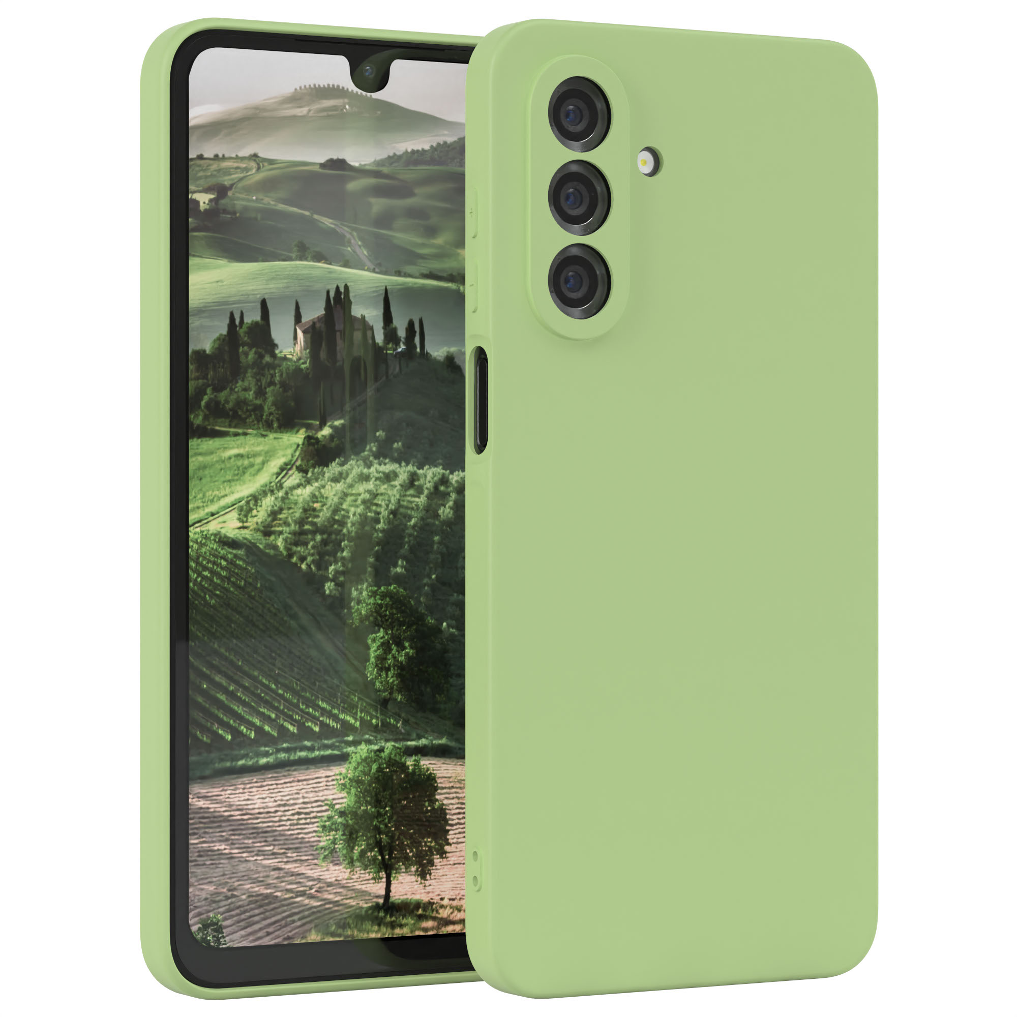 Grüne Handyhülle auf einem Telefon mit einem Bildschirm, der eine ländliche Landschaft mit Bäumen zeigt.