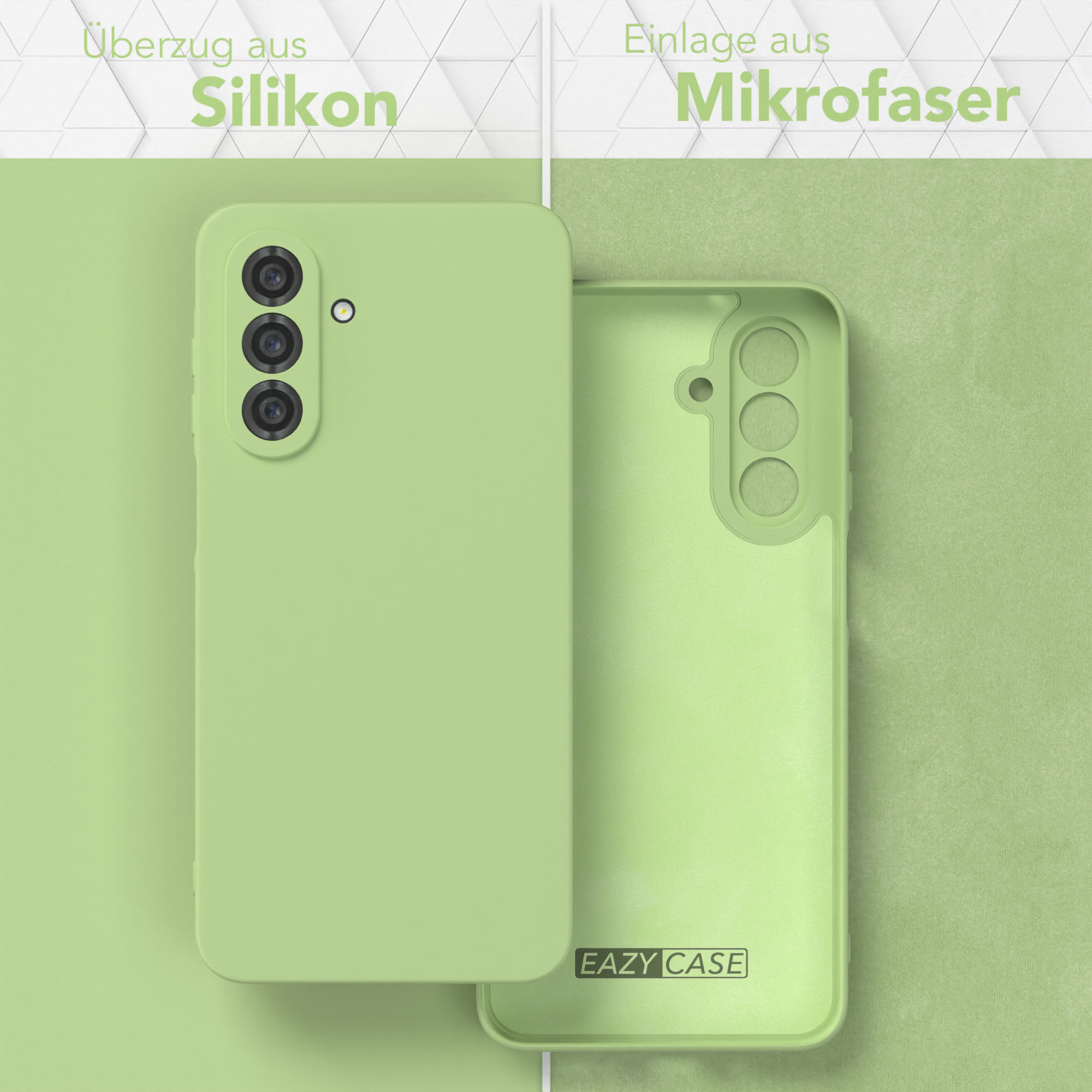 Limettengrüne Handyhülle und Innenfutter. Text: Überzug aus Silikon, Einlage aus Mikrofaser. Eazy Case Logo.