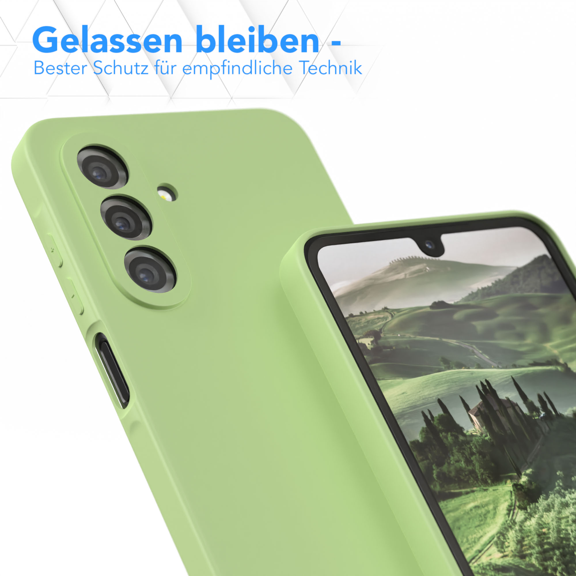 Grüne Handyhülle mit Telefon, Text über Schutz.