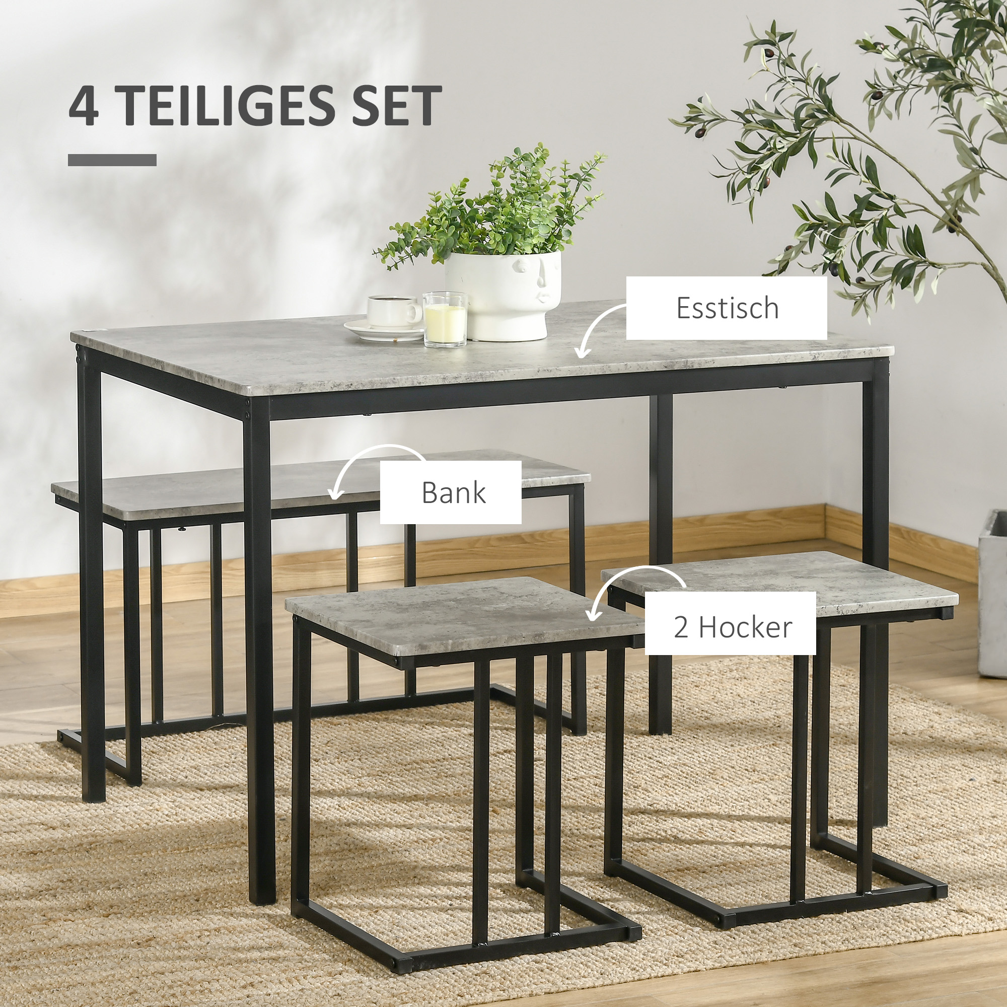 Ein Set aus vier Möbelstücken: ein Tisch, zwei Hocker und eine Bank. Alle sind grau.