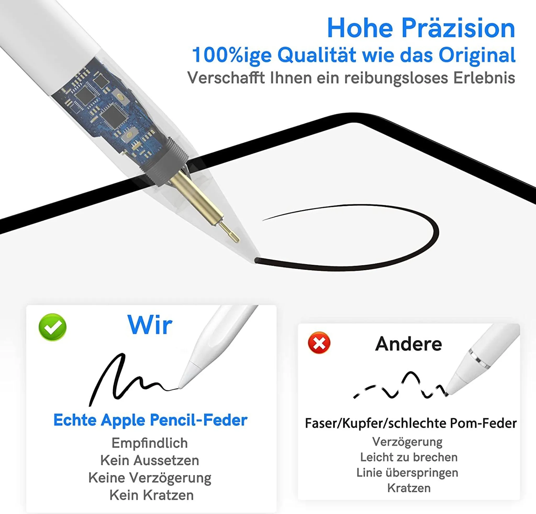Vergleich von Apple Pencil und alternativem Stift, Präzision und glatte Linien zeigend.