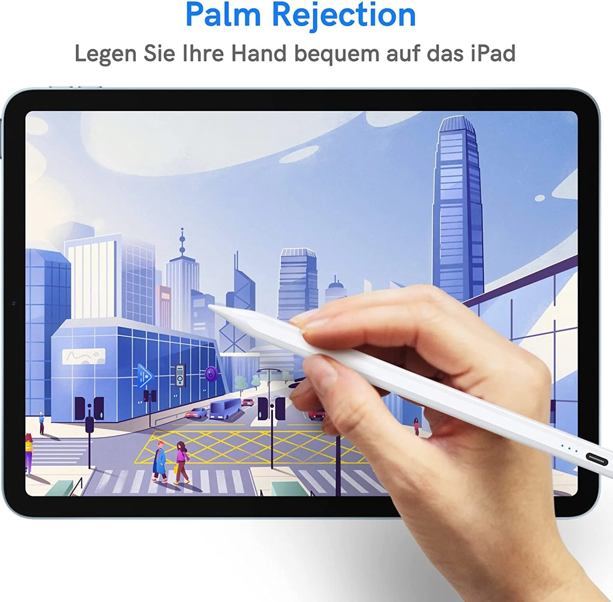 Hand benutzt Stift auf Tablet. Stadtbild im Hintergrund, Text zur Handflächenabweisung.