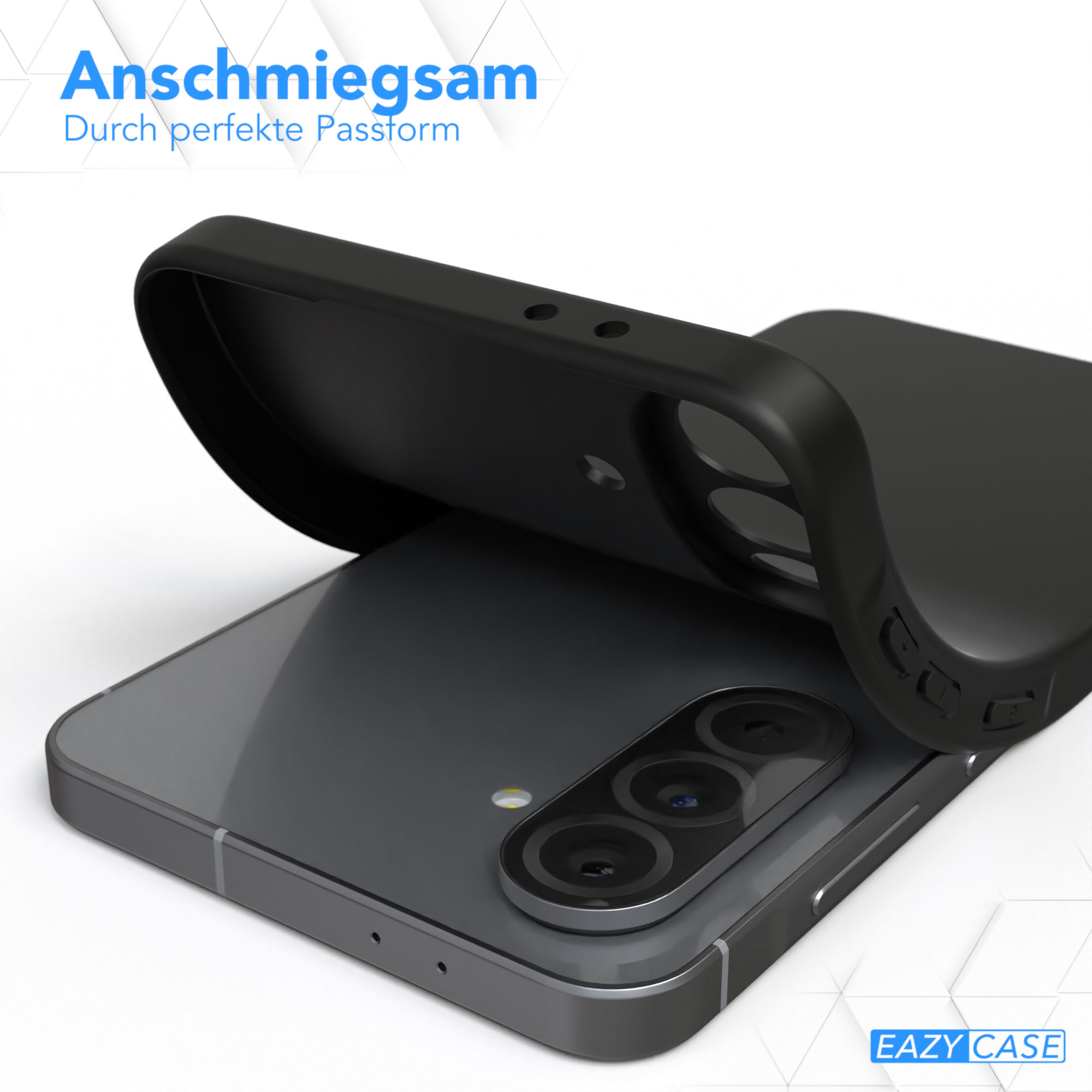 Ein Telefon in einer schwarzen Hülle mit klarer Rückseite. Die Hülle wird abgezogen, um das Telefon zu zeigen. Text: Anschmingsam.