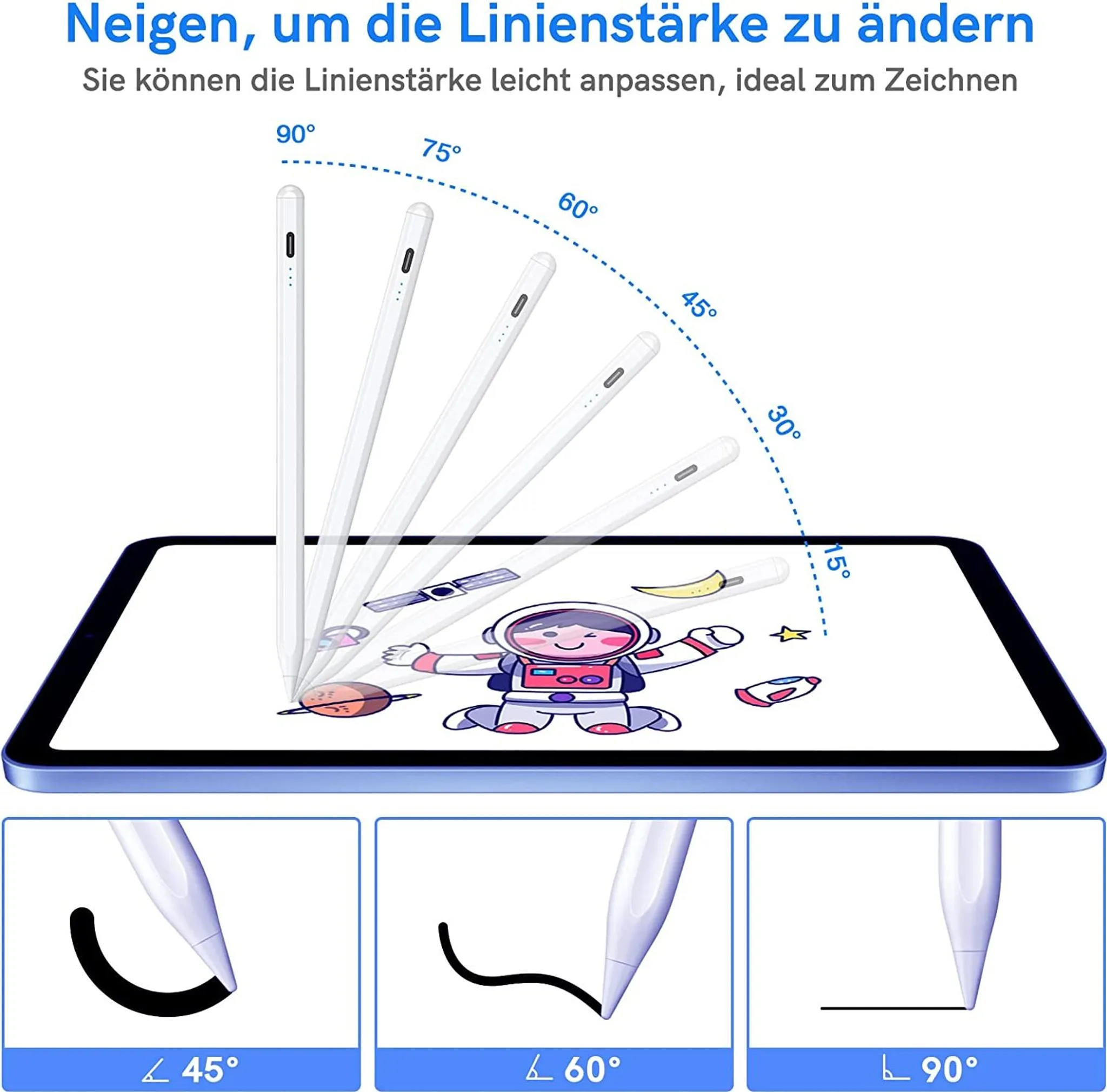 Stift über Tablet, zeigt verschiedene Winkellinien. Unten Linien mit 45, 60 und 90 Grad Winkeln.
