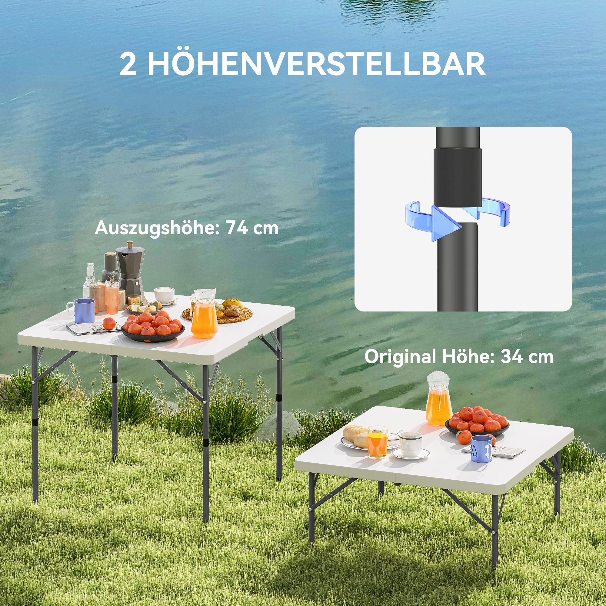 Zwei weiße Tische auf Gras, einer niedriger als der andere. Text zeigt Höhenunterschiede.