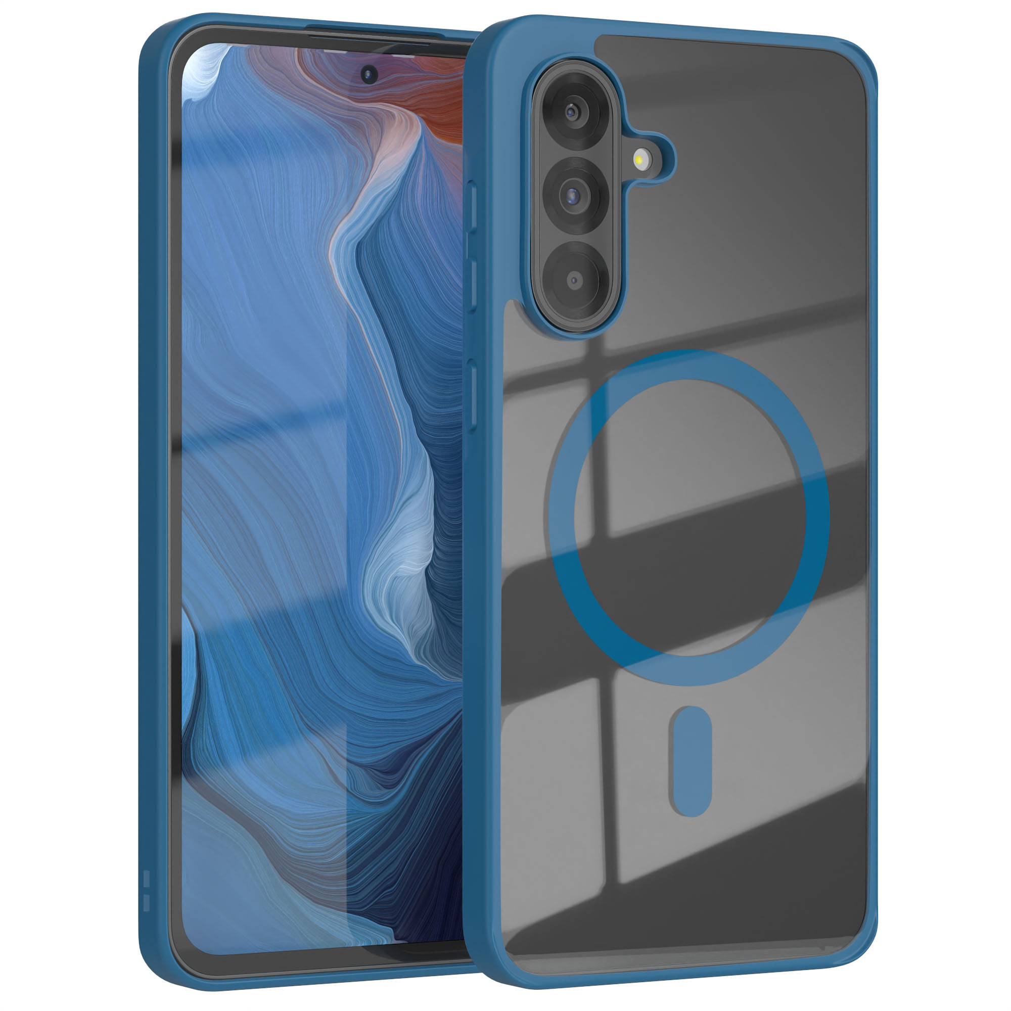 Blaue Handyhülle mit durchsichtigem Rücken. Telefonbildschirm zeigt blaue Grafik.