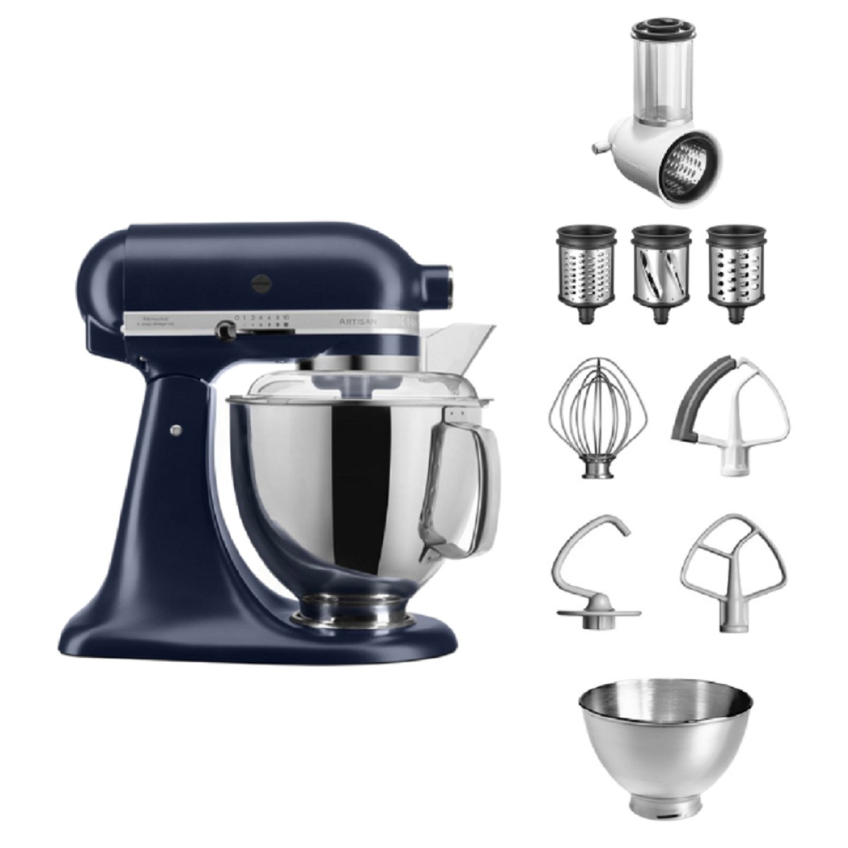 Blauer Küchenmixer mit Aufsätzen, einschließlich Reibe und verschiedenen Rührern.