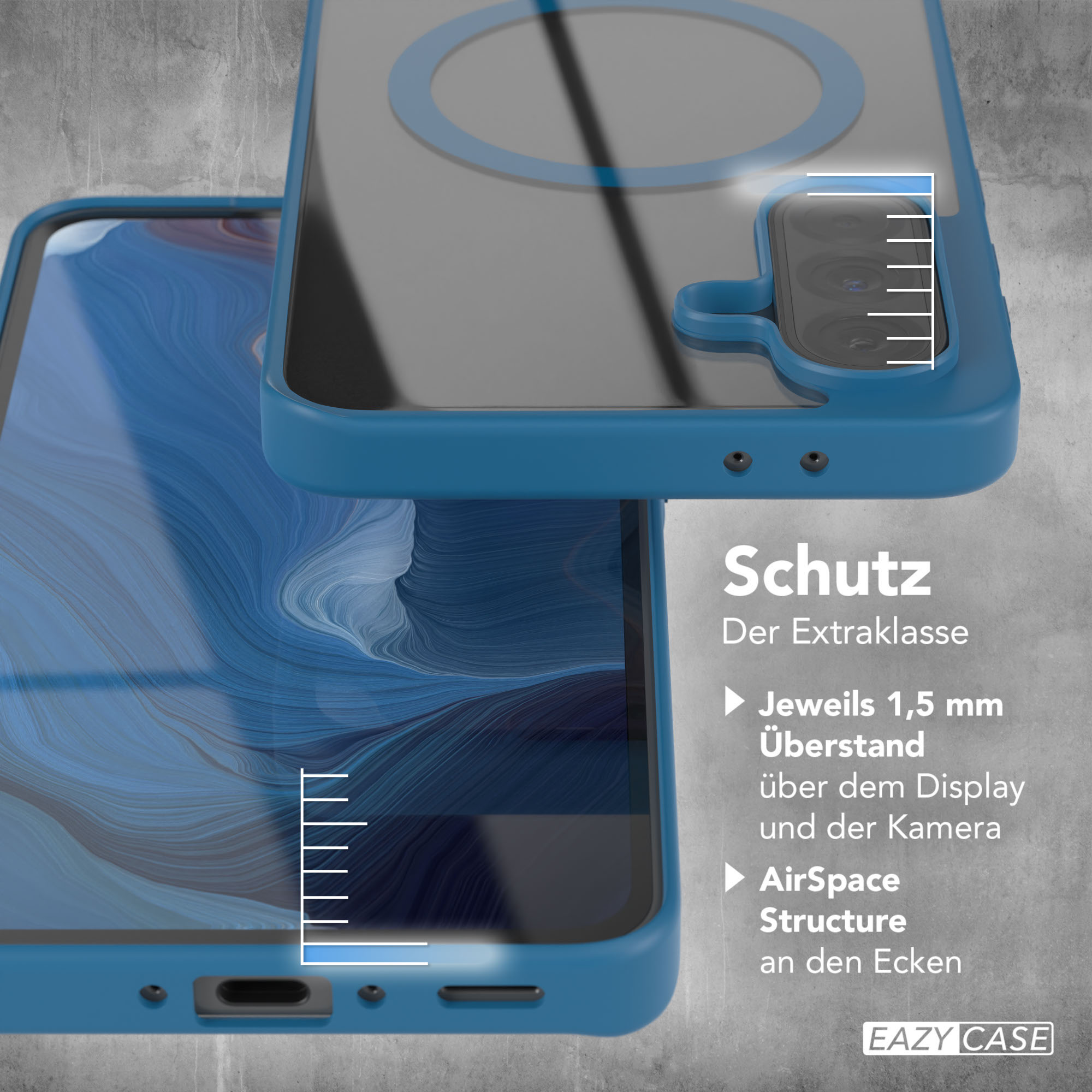 Blaue Handyhülle über dem Telefon. Die Hülle hat einen Schutztext, mit Lineal, das 1,5 mm Bildschirmabdeckung zeigt.