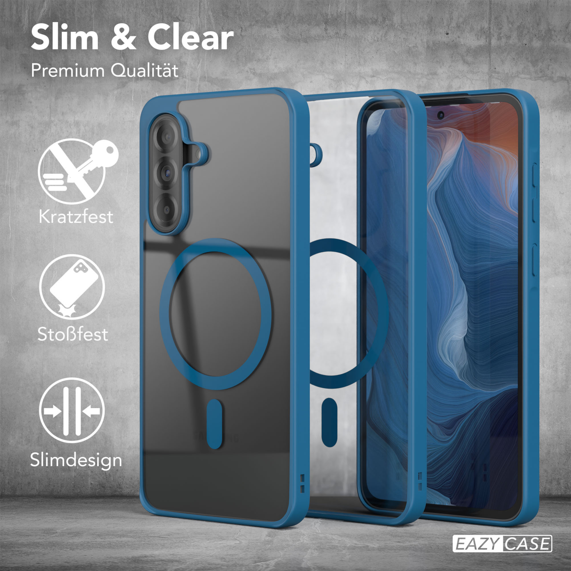 Telefonhüllen dargestellt. Klar, blau und schwarz. Schutzfunktionen wie Kratz-, Aufprall- und schlankes Design.
