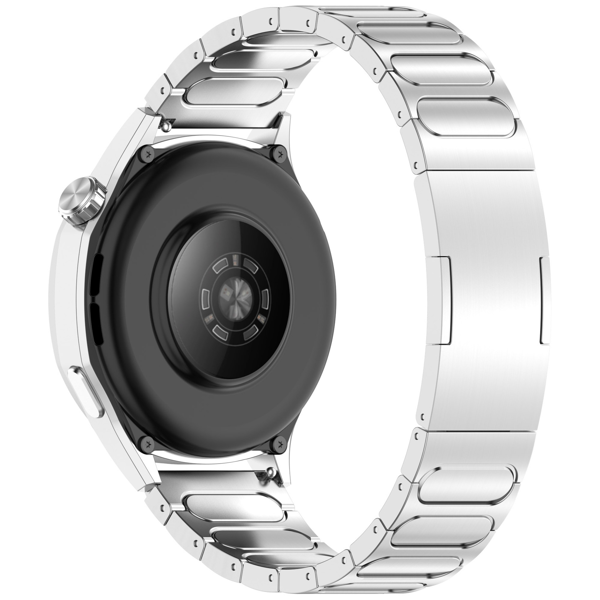 Eine silberne Smartwatch mit Metallarmband wird gezeigt, wobei die Rückseite zum Betrachter zeigt.