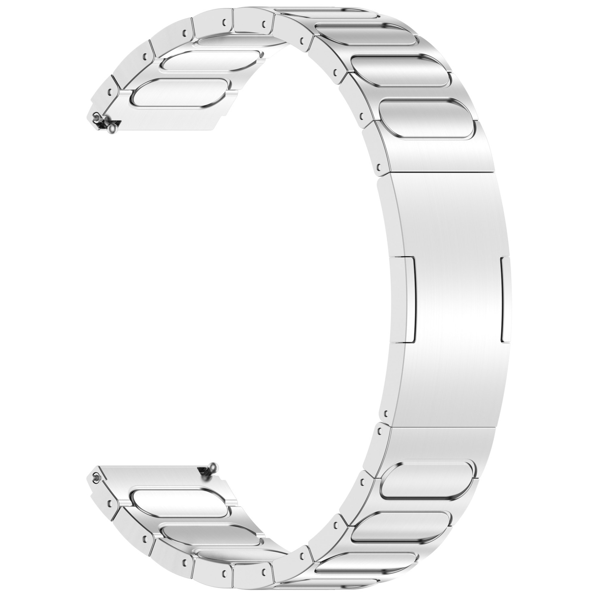 Ein silbernes Uhrenarmband. Es besteht aus Metall und hat eine glänzende Oberfläche.