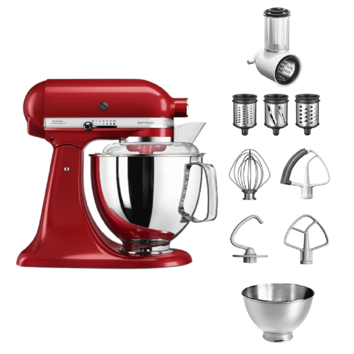 Roter Küchenmixer mit Aufsätzen auf weißem Hintergrund.