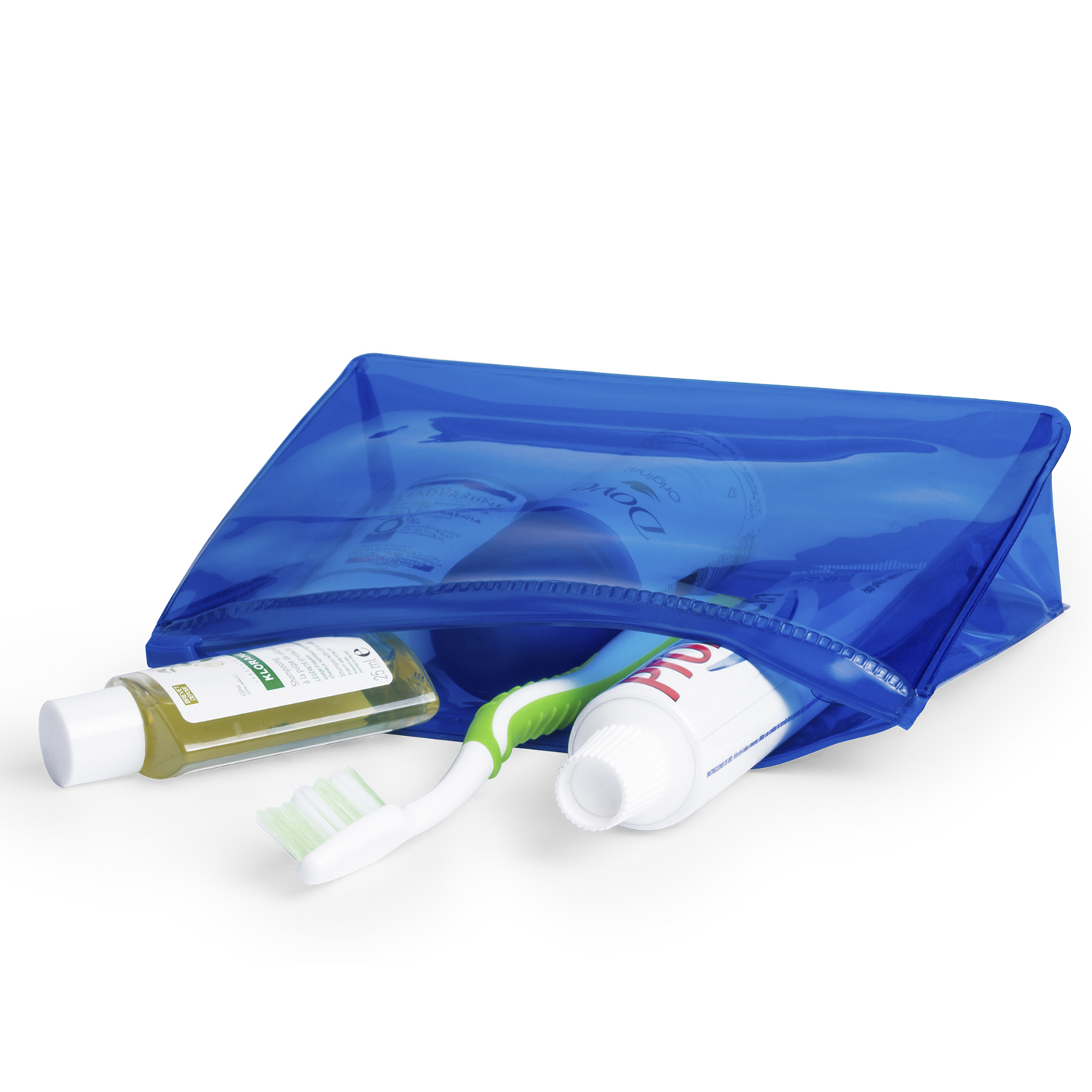 Una bolsa de viaje azul transparente con artículos de aseo dentro: champú, pasta de dientes, cepillo de dientes.