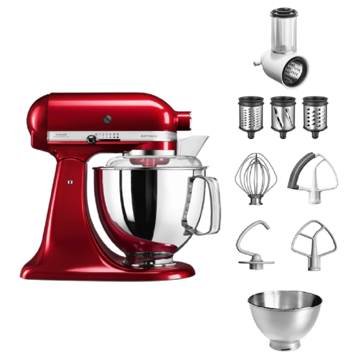 Roter KitchenAid-Küchenmixer mit verschiedenen Aufsätzen, einschließlich Reibe und Schneebesen.