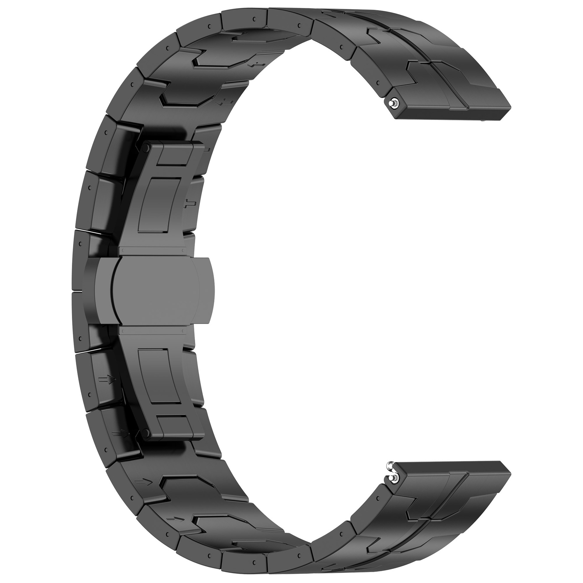 Schwarzes Uhrenarmband aus Metall. Das Band ist C-förmig. Details des Banddesigns sind sichtbar.