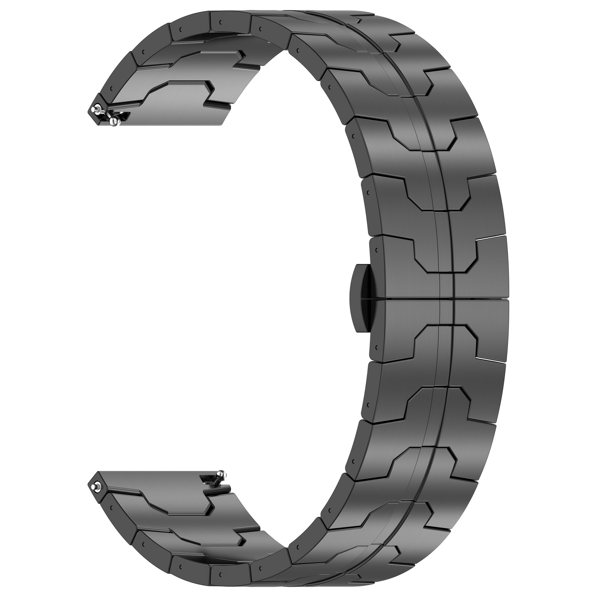 Schwarzes Metall-Uhrenarmband. Ineinandergreifende Glieder erzeugen ein festes Armband.