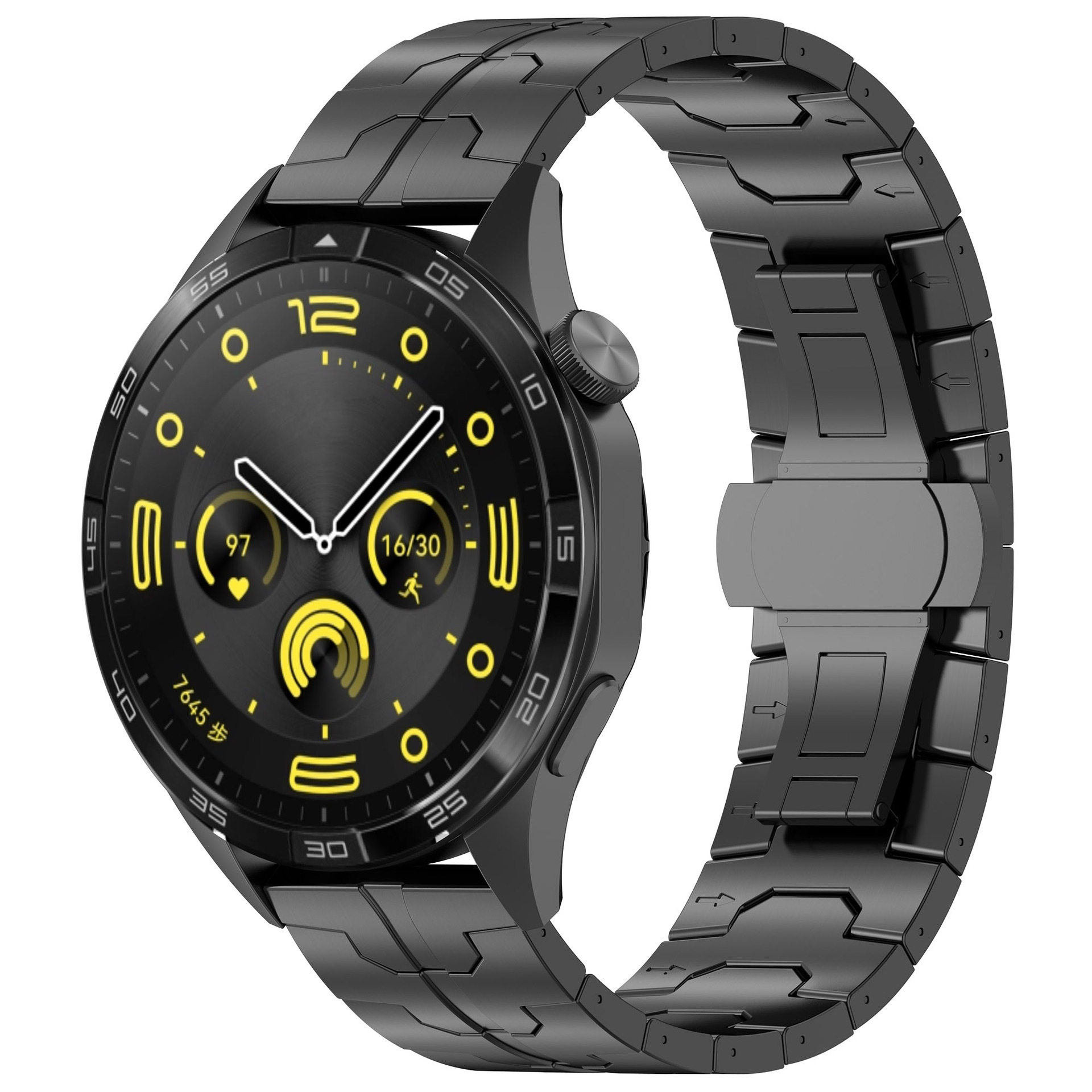 Schwarze Smartwatch mit schwarzem Armband, zeigt Zeit, Herzfrequenz und Datum.