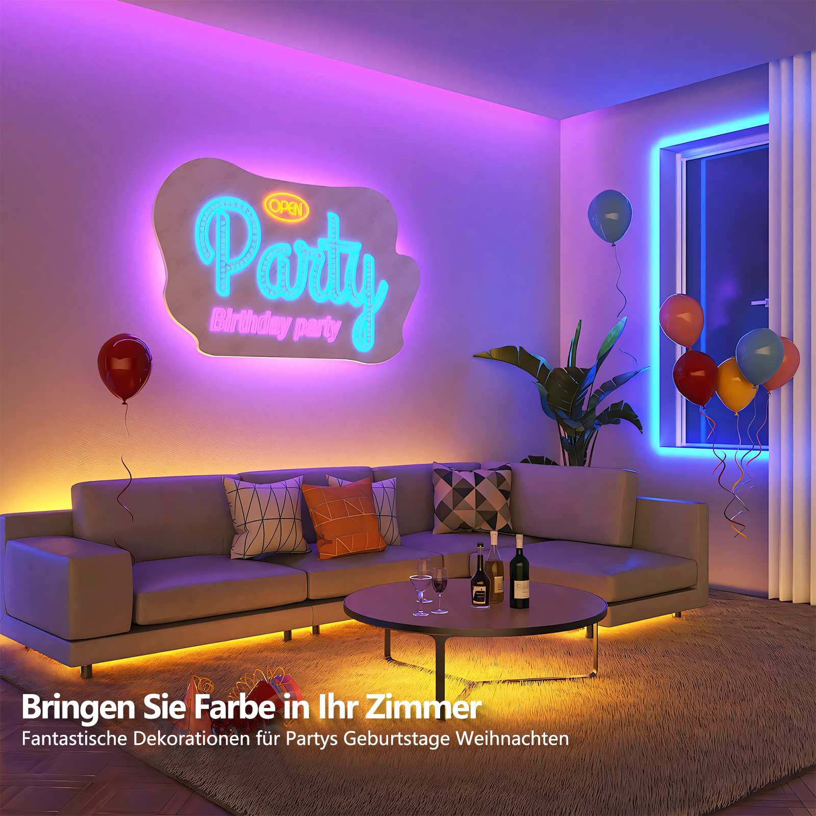 Wohnzimmer-Szene mit Neon-Party-Schild, Luftballons, Sofa, Tisch mit Getränken und bunter Beleuchtung.