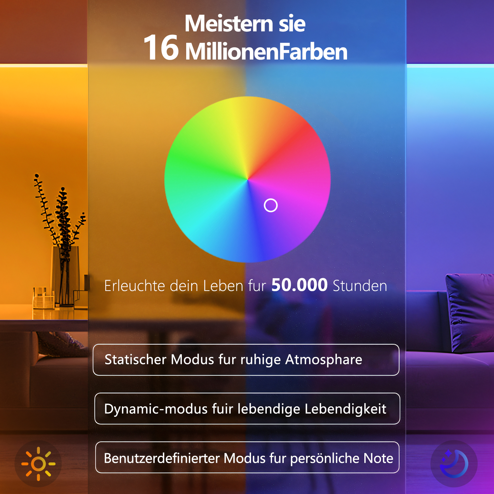 Ein Farbrad mit Text über 16 Millionen Farben und Beleuchtungsmodi für einen Raum.