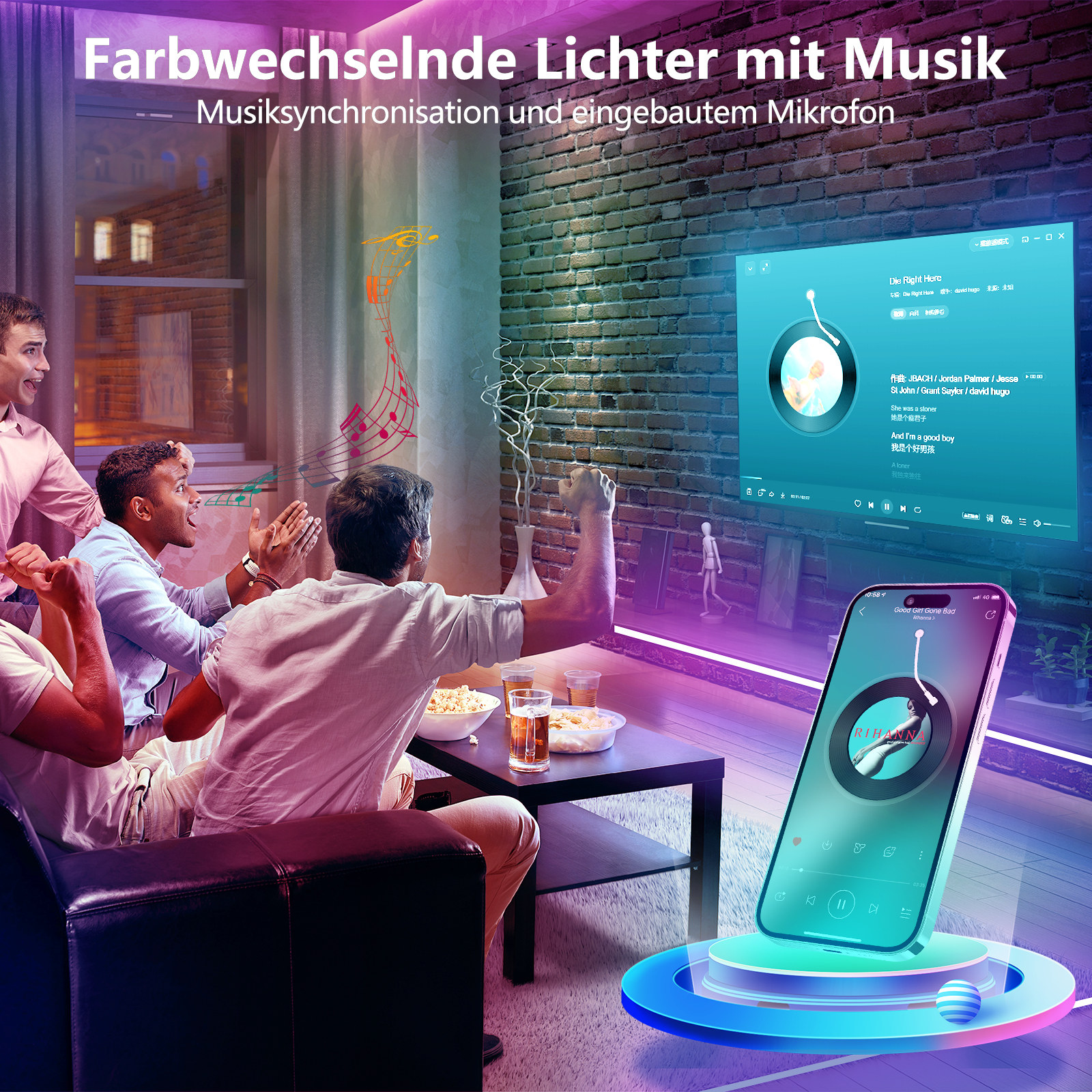 Leute schauen sich einen Bildschirm mit Lichteffekten an. Ein Telefon im Vordergrund ist ebenfalls beleuchtet.
