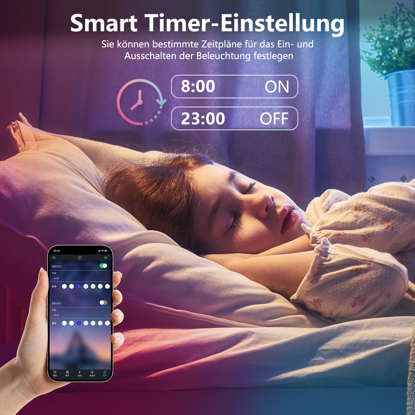 Ein Mädchen schläft im Bett, mit einem Telefon, das den Zeitplan für das Licht anzeigt.