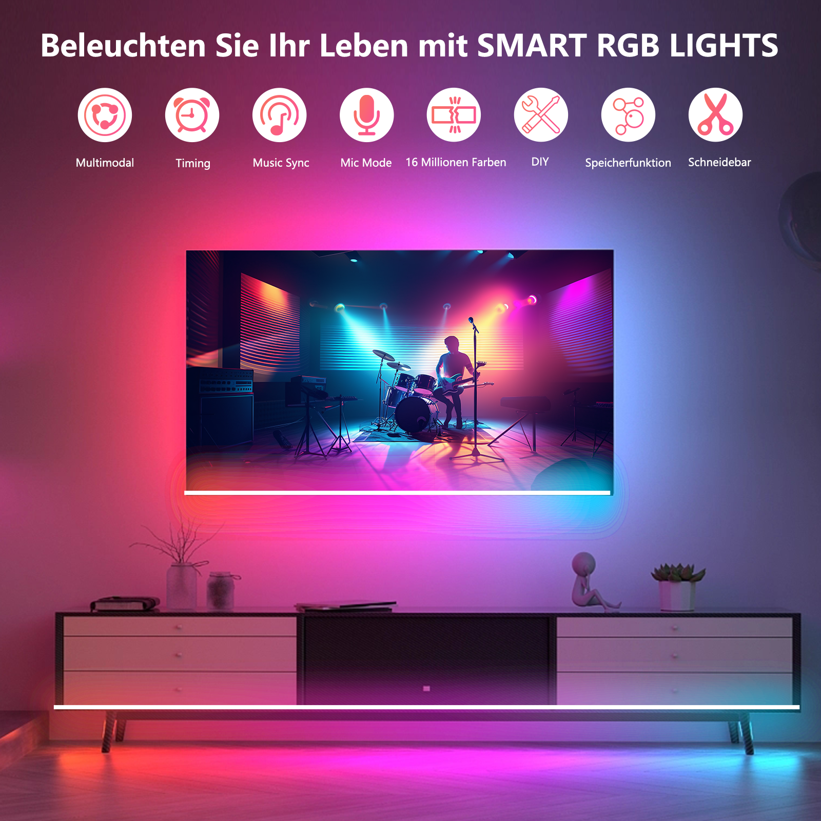Ein Wohnzimmer mit einem Fernseher, der farbiges Licht aussendet, und Symbolen, die Funktionen anzeigen.