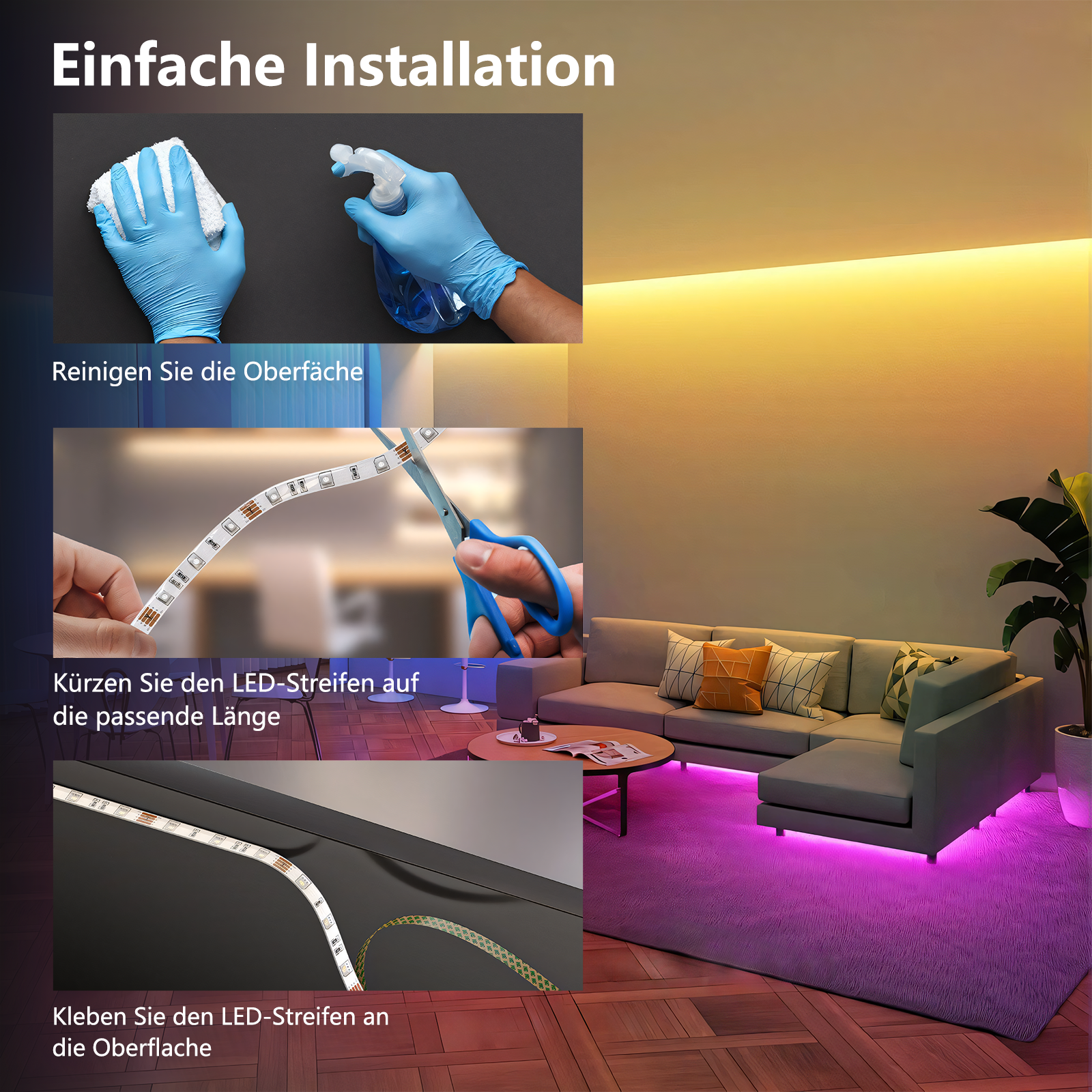 LED-Streifen-Installationsanleitung. Enthält Reinigung, Schneiden und Kleben der Streifen.