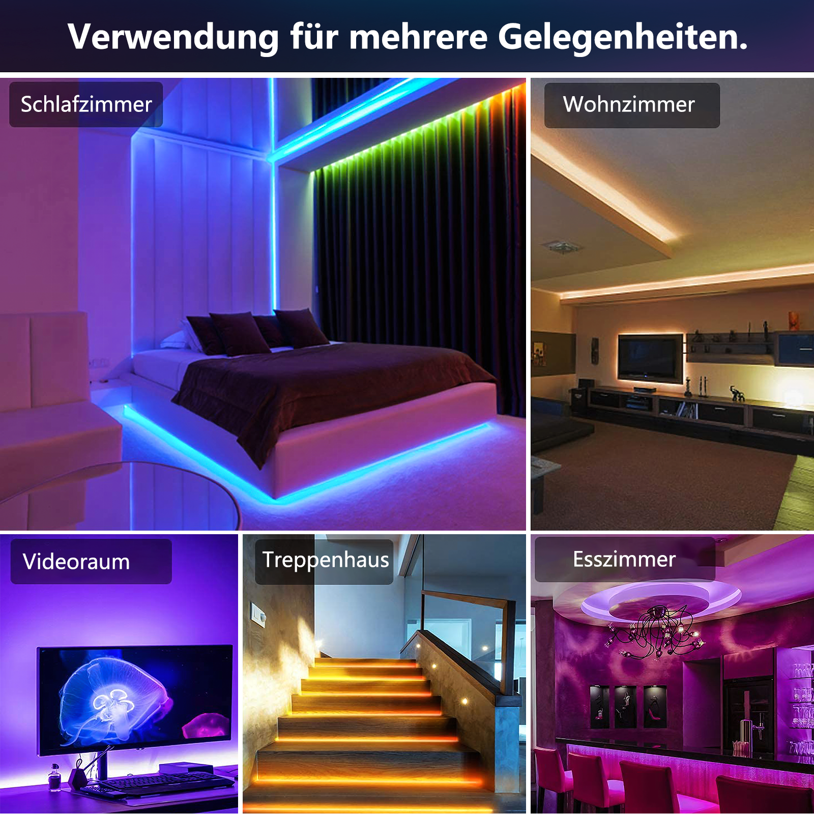 Bilder, die LED-Streifenlichter in verschiedenen Räumen zeigen: Schlafzimmer, Wohnzimmer, Videoraum usw.