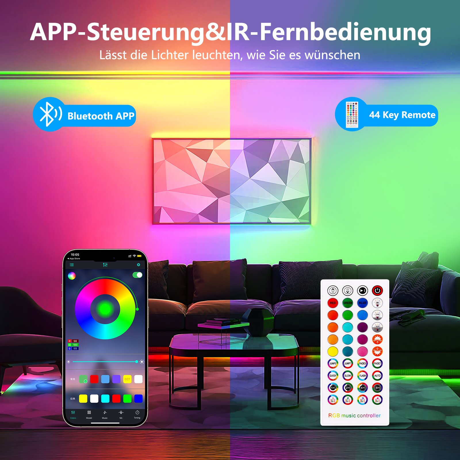 Wohnzimmer mit bunten Lichtern, Telefon zeigt App, Fernbedienung und Fernseher.