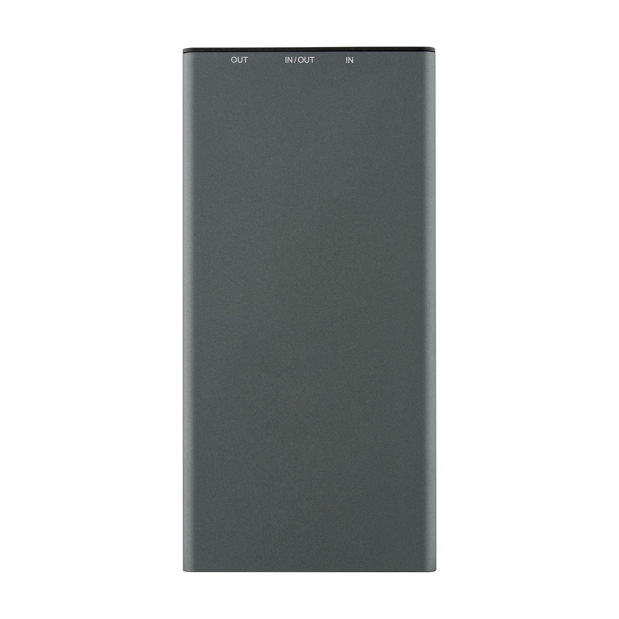 Szary power bank z trzema portami oznaczonymi OUT, IN/OUT i IN.
