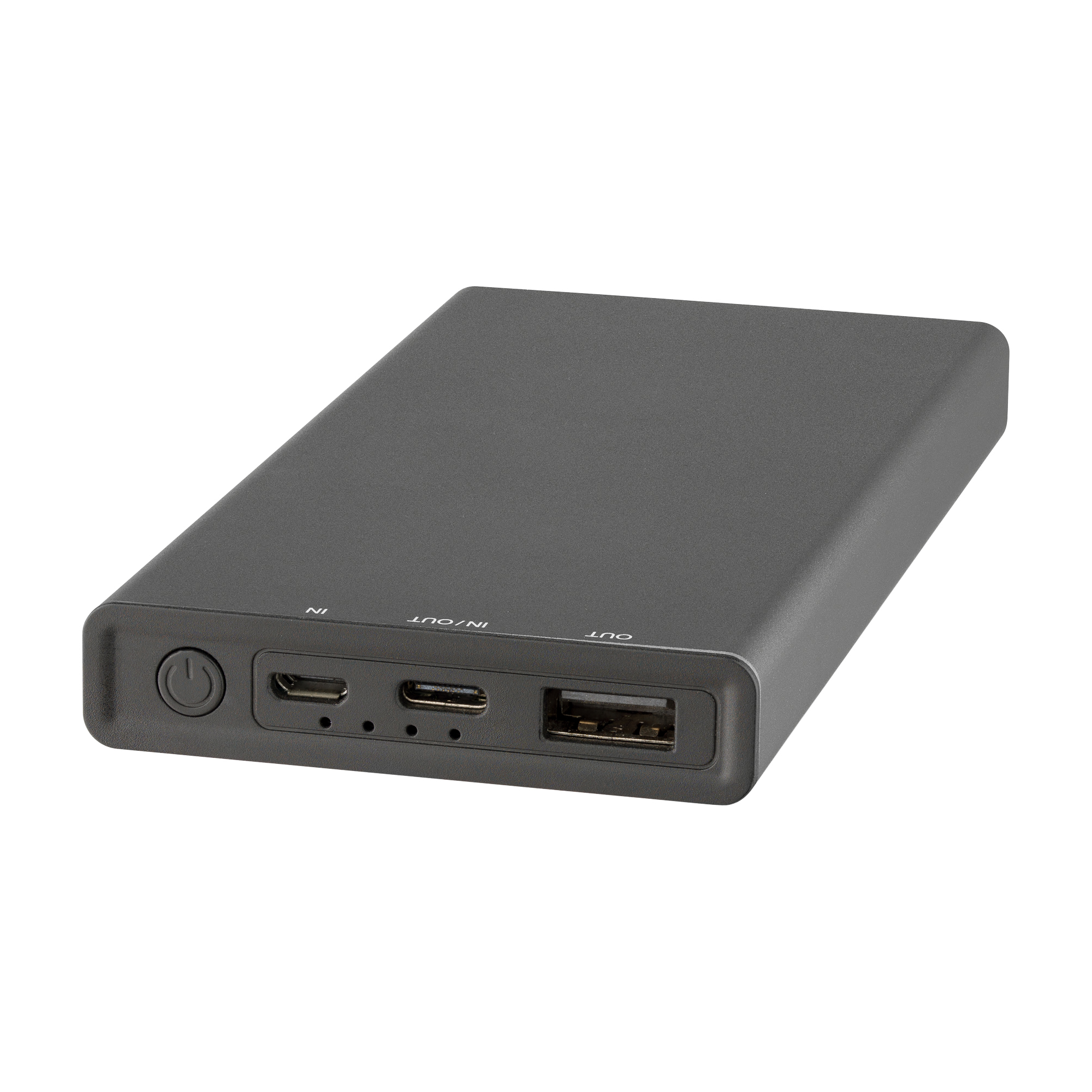 Ciemnoszary power bank z portami zasilania, wejścia/wyjścia i wyjścia. Na białym tle.