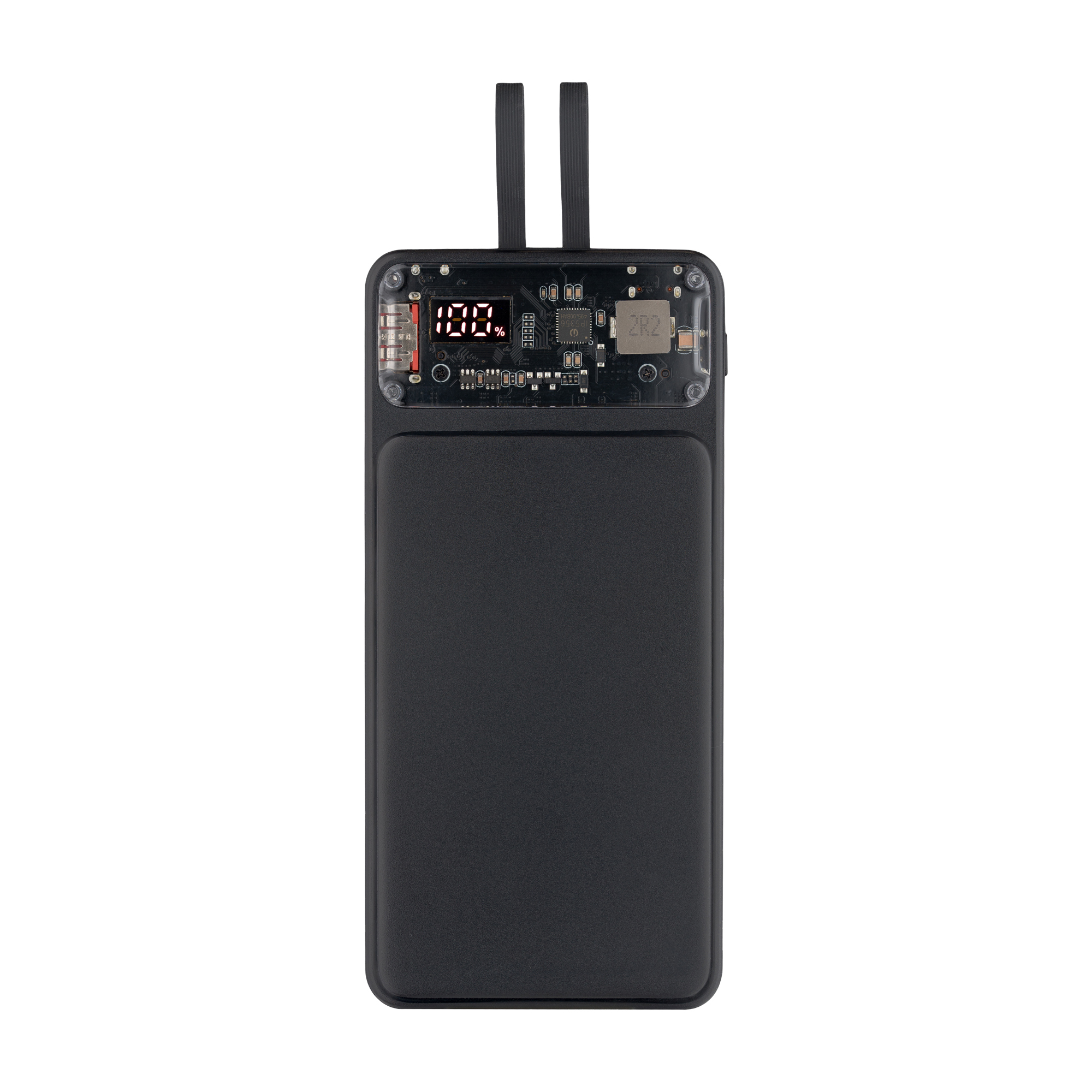 Czarny power bank z ekranem LCD wyświetlającym 100%. Czarny pasek. Widok z góry.